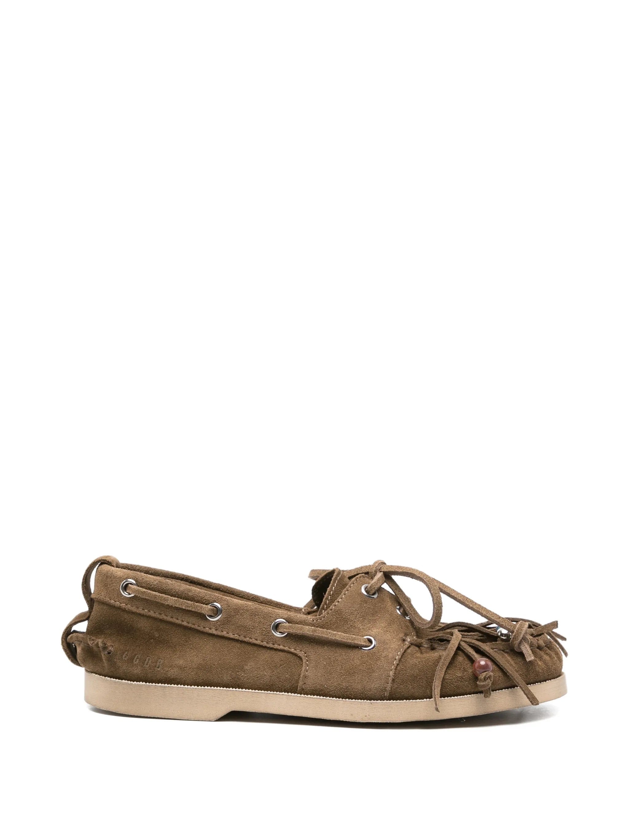 Golden Goose Cruise loafer in khaki suede with fringe and multicolored beads
