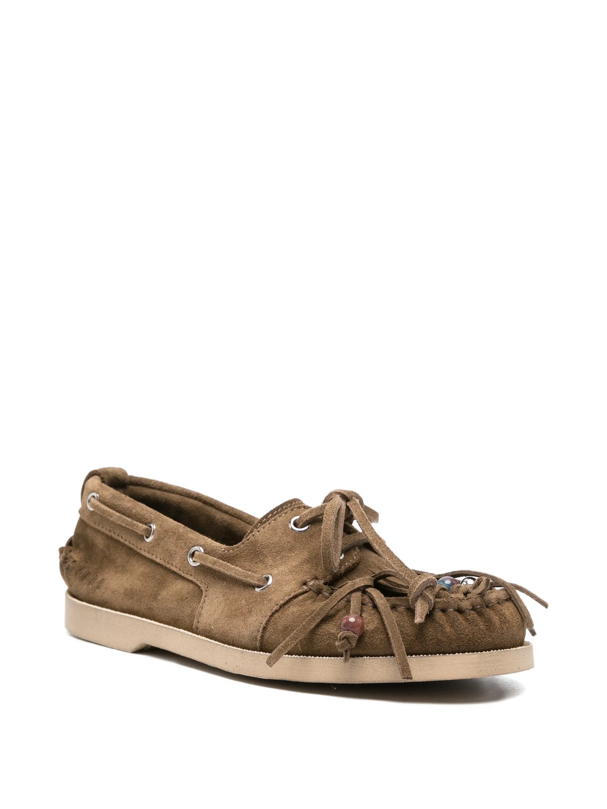 Golden Goose Cruise loafer in khaki suede with fringe and multicolored beads