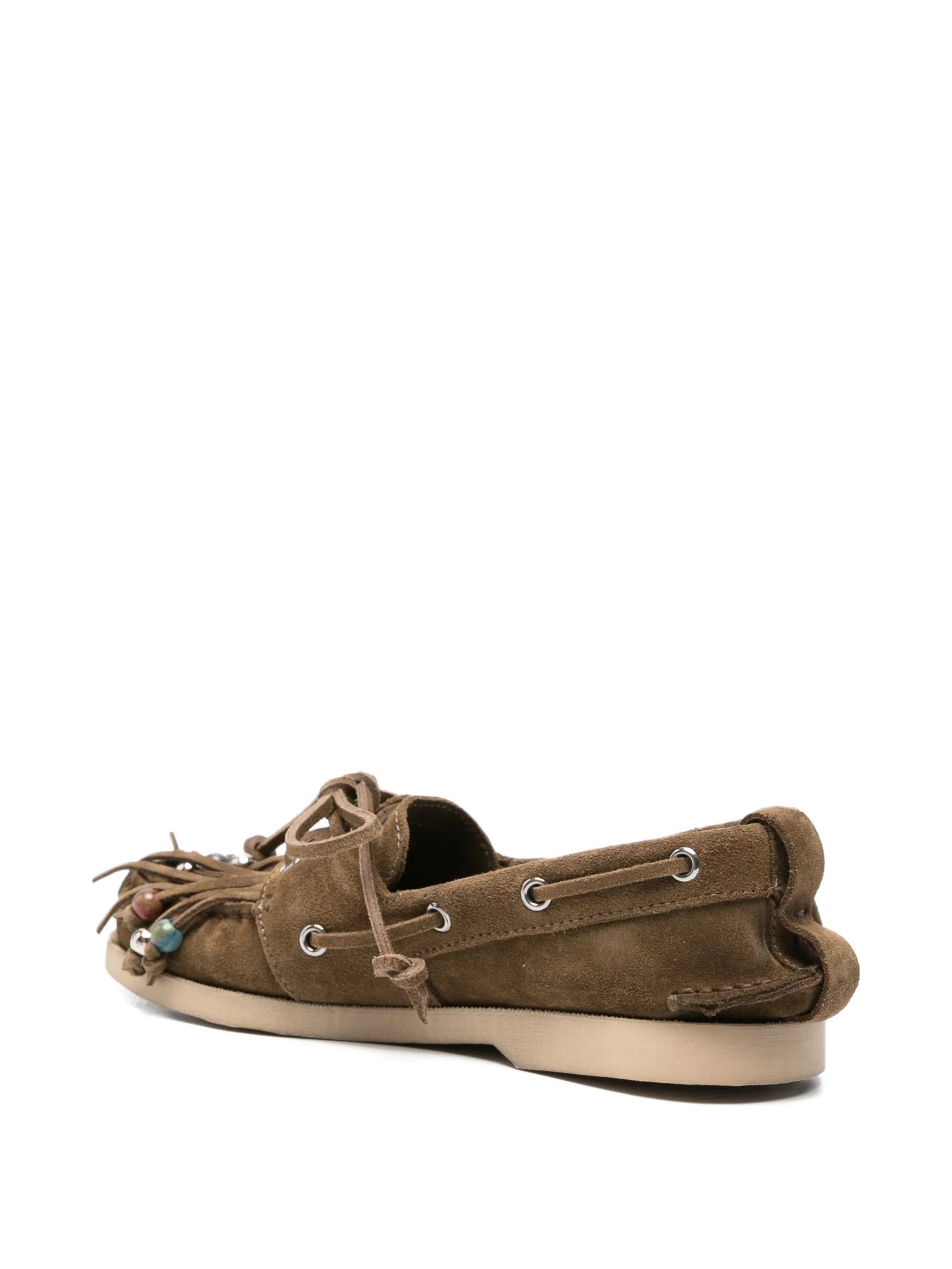 Golden Goose Cruise loafer in khaki suede with fringe and multicolored beads