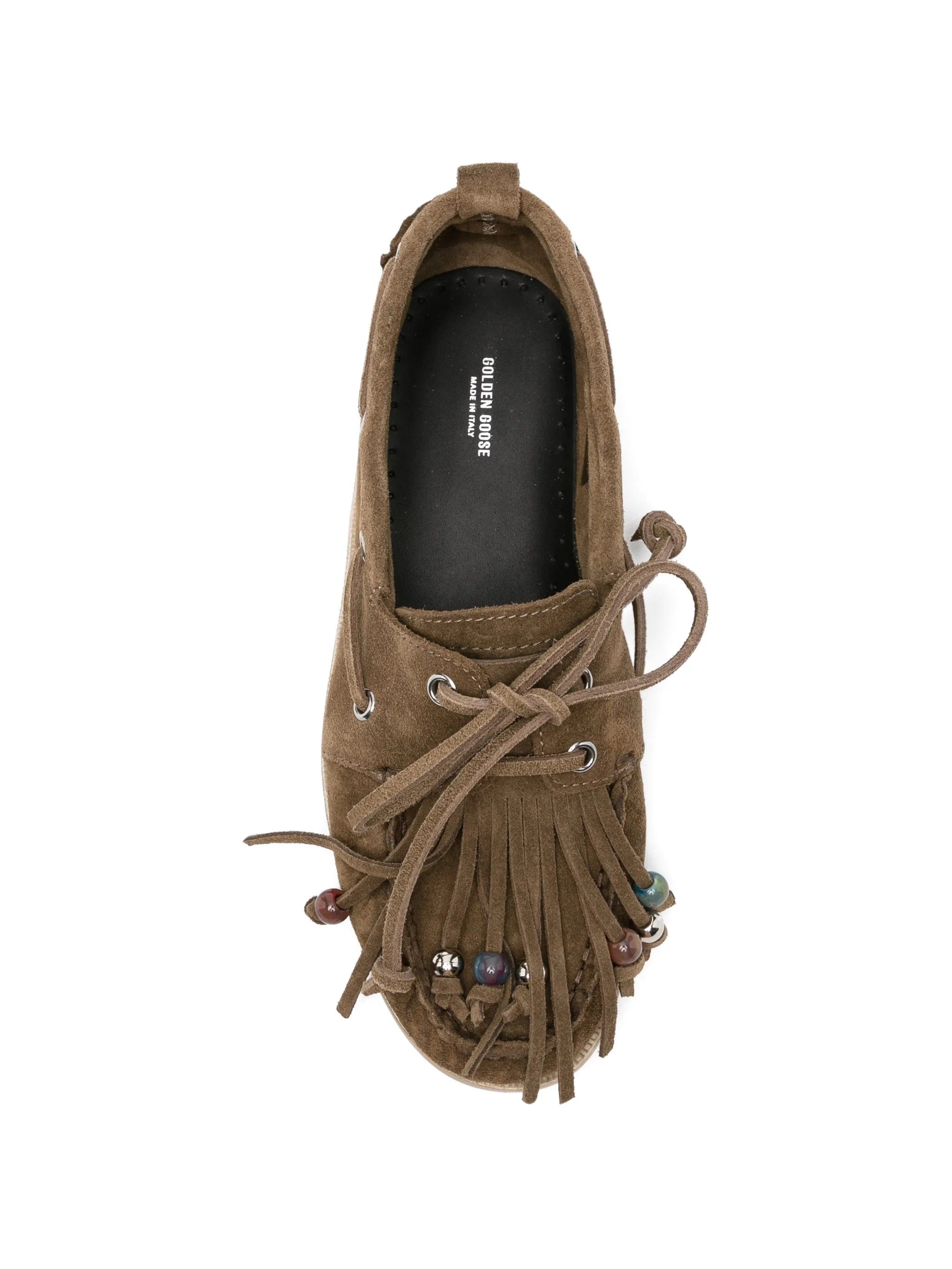 Golden Goose Cruise loafer in khaki suede with fringe and multicolored beads