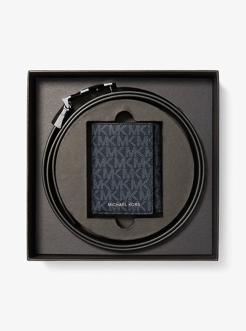 Michael Kors Signature Logo Tri - Fold Card Case and Belt Gift Set Admrl - Plblue