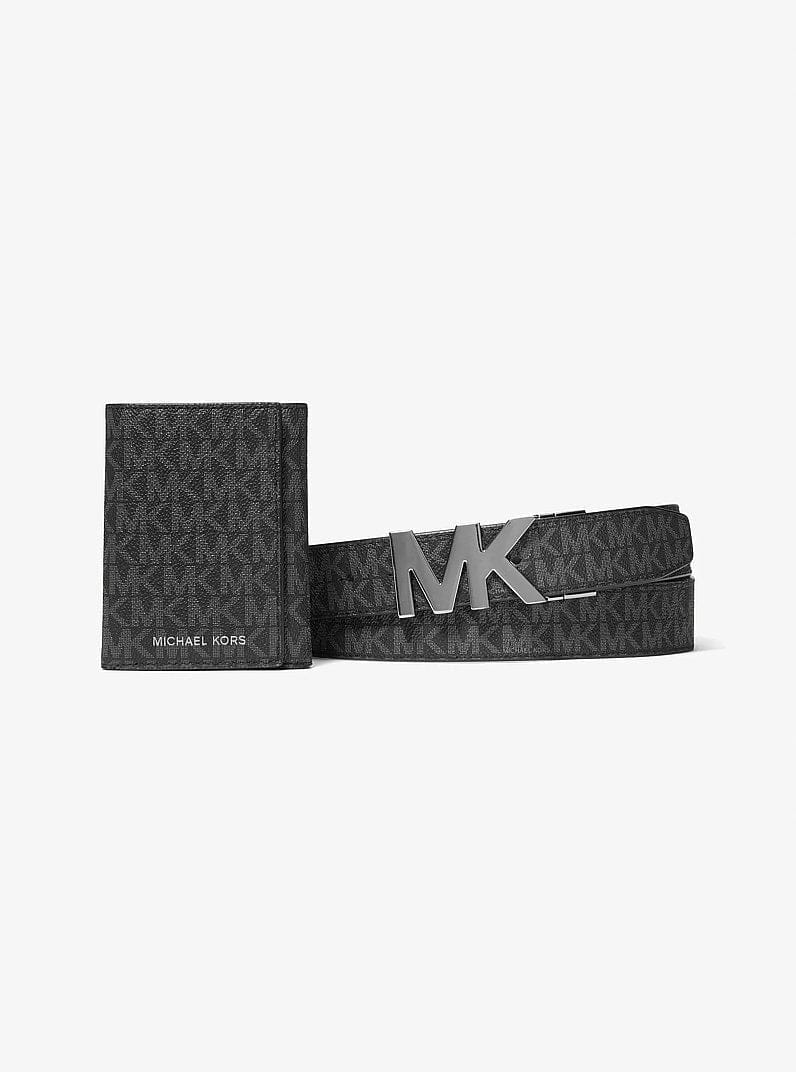 Michael Kors Signature Logo Tri - Fold Card Case and Belt Gift Set Black