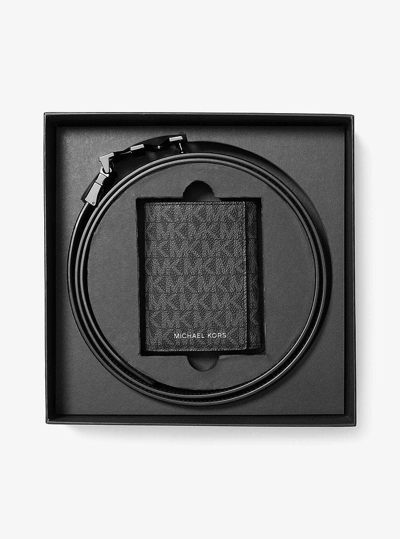 Michael Kors Signature Logo Tri - Fold Card Case and Belt Gift Set Black