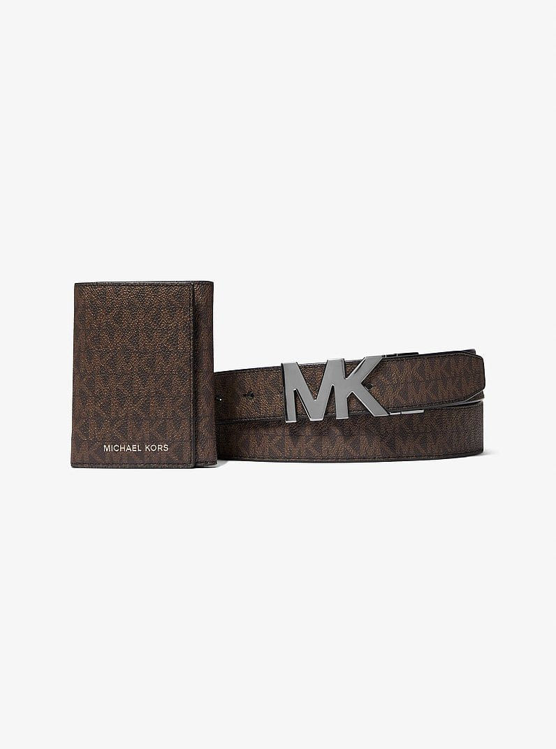 Michael Kors Signature Logo Tri - Fold Card Case and Belt Gift Set Brown - Blk