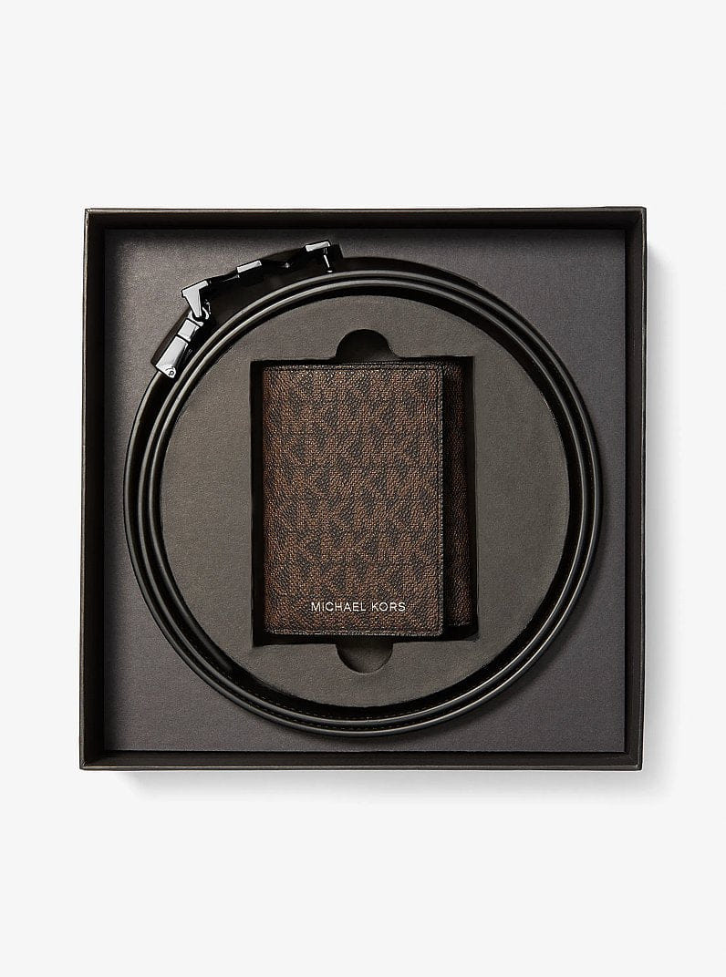 Michael Kors Signature Logo Tri - Fold Card Case and Belt Gift Set Brown - Blk