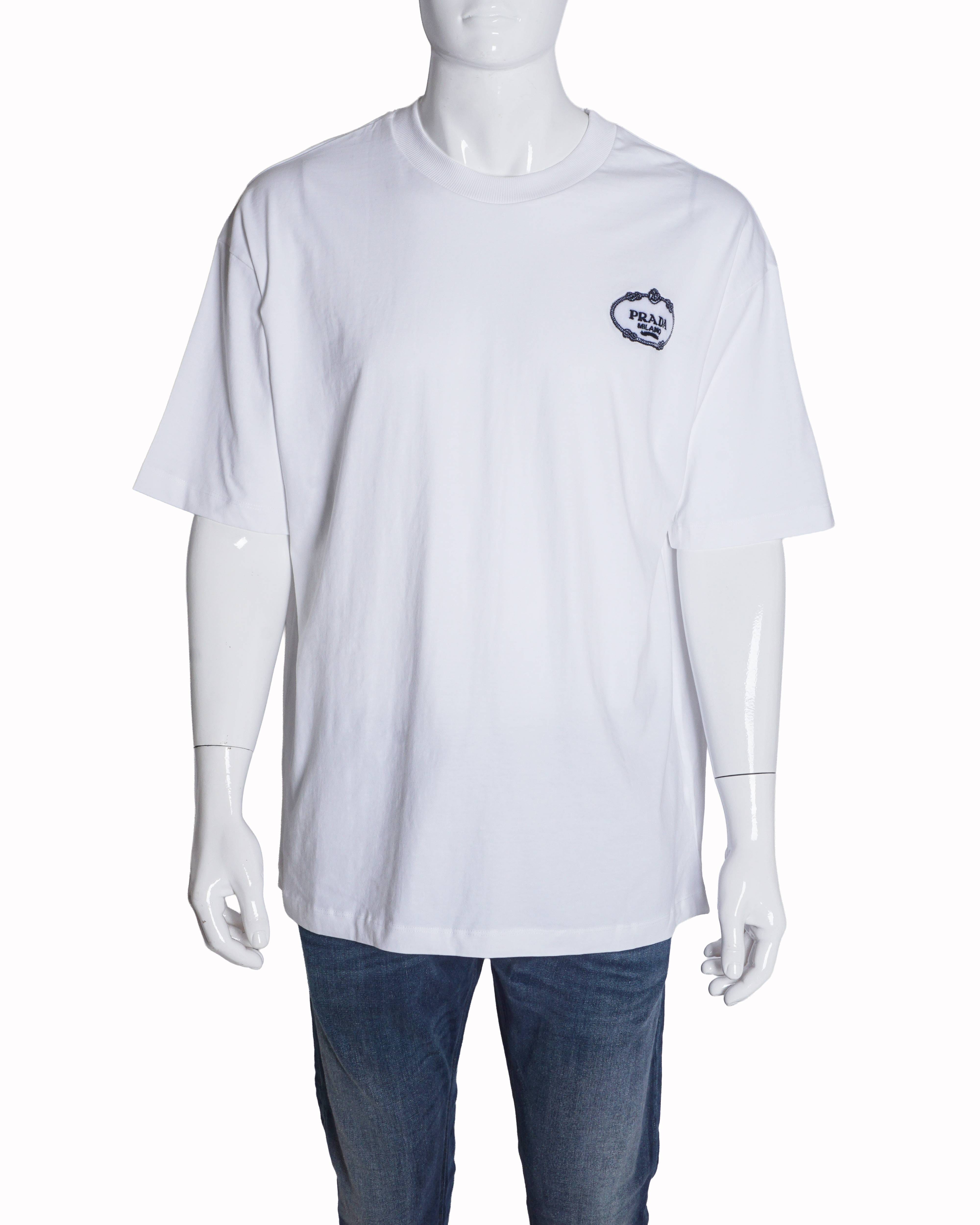 Prada White Cotton Milano Crest Embroidered T - Shirt