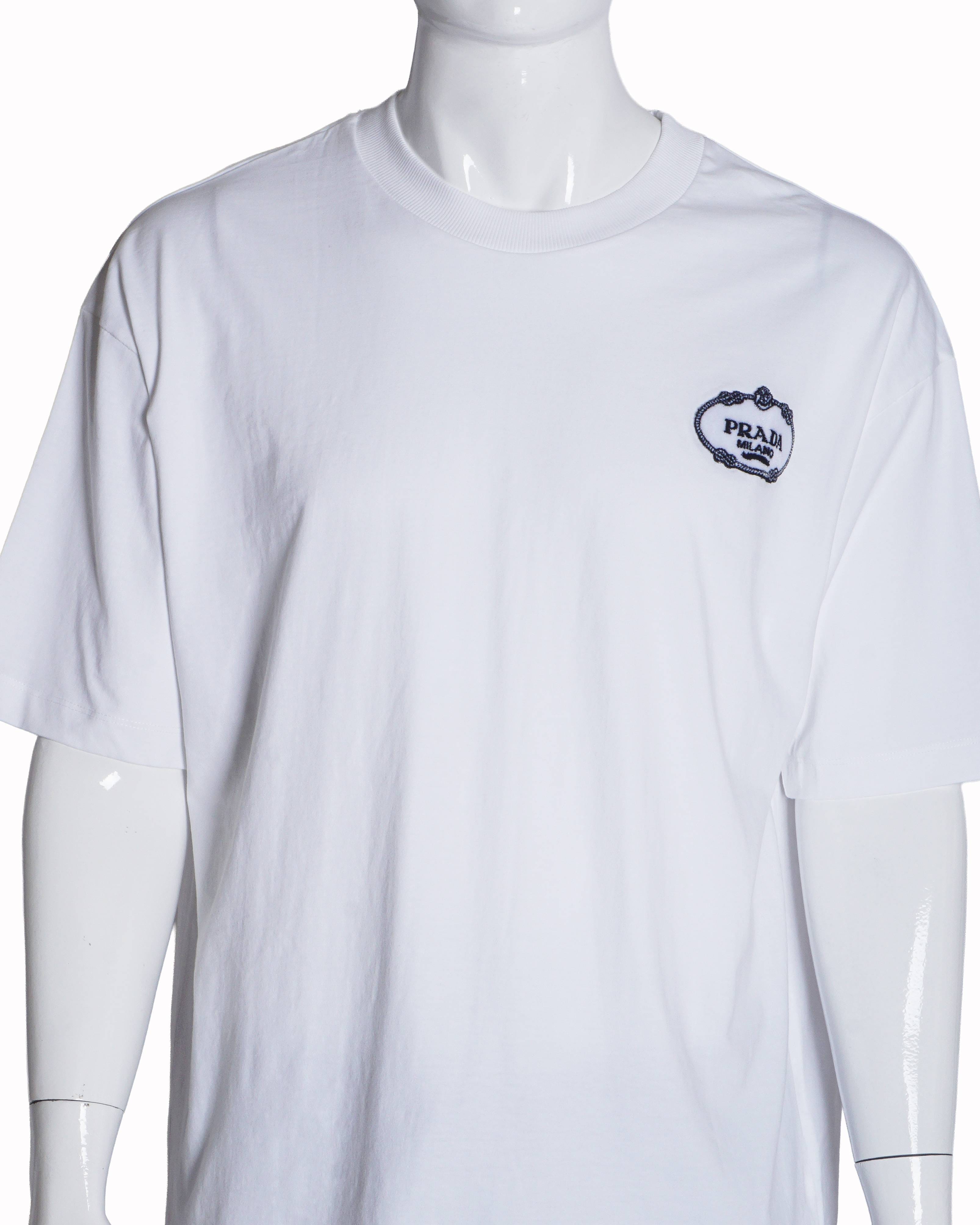 Prada White Cotton Milano Crest Embroidered T - Shirt