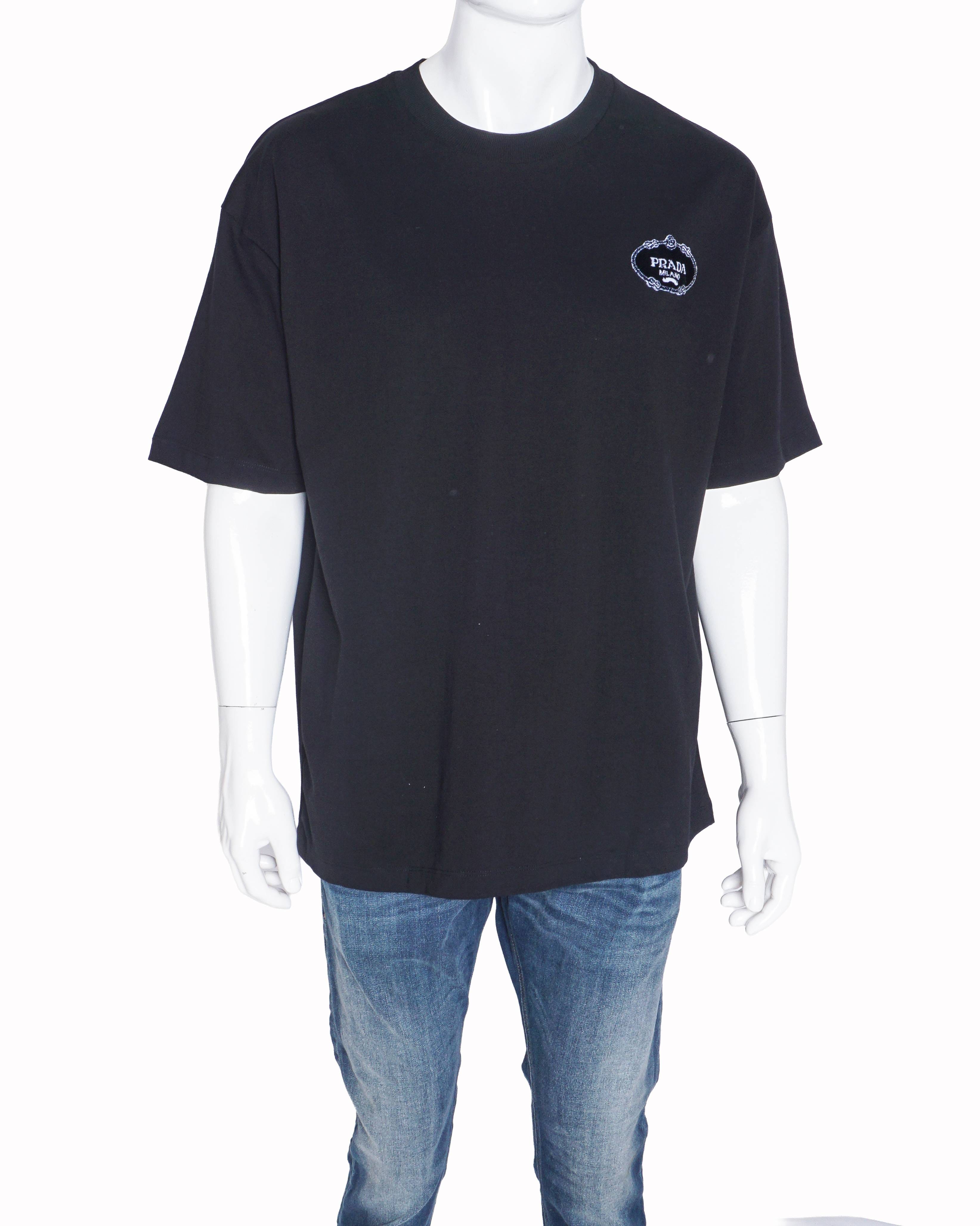 Prada Black Cotton Milano Crest Embroidered T - Shirt
