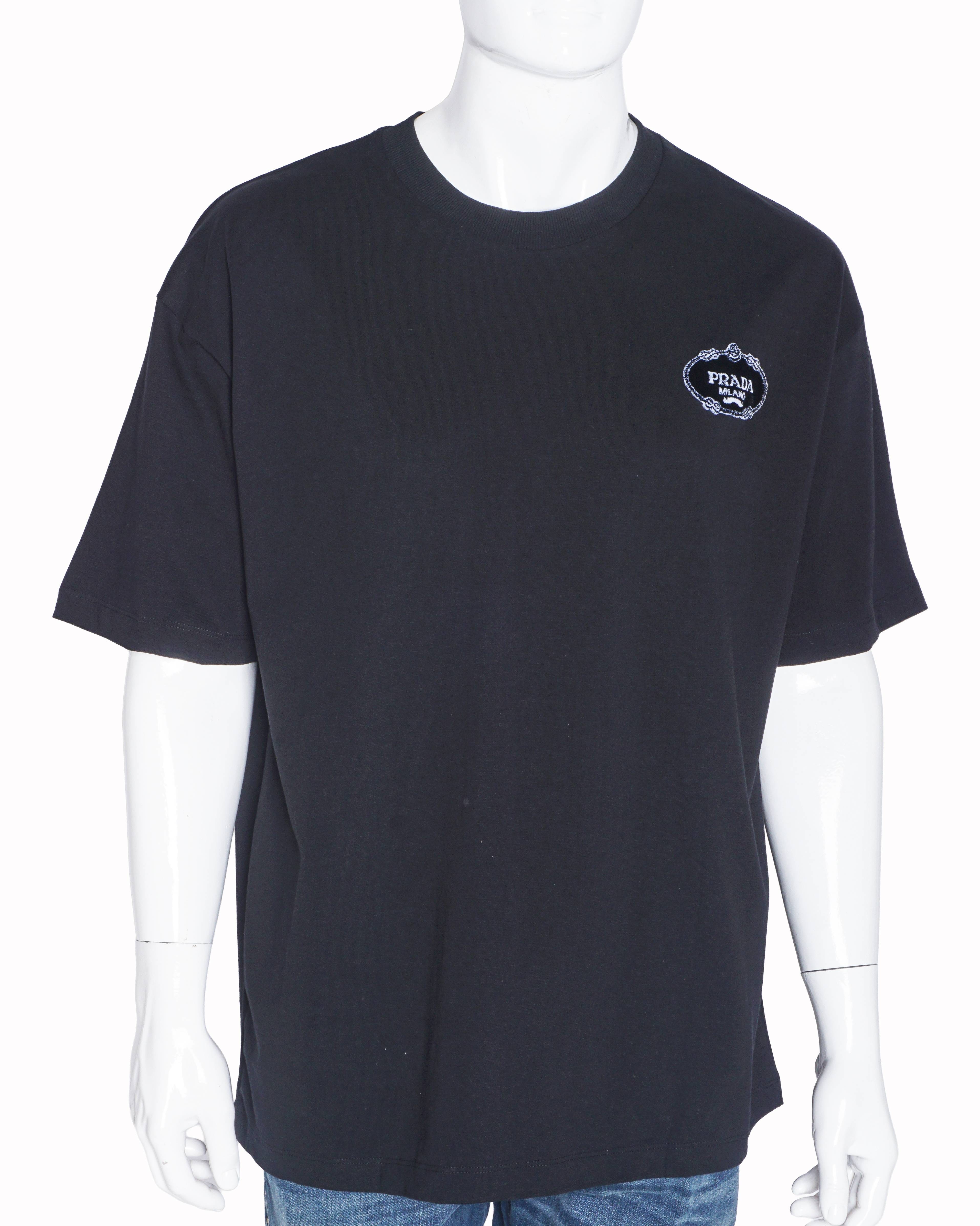 Prada Black Cotton Milano Crest Embroidered T - Shirt