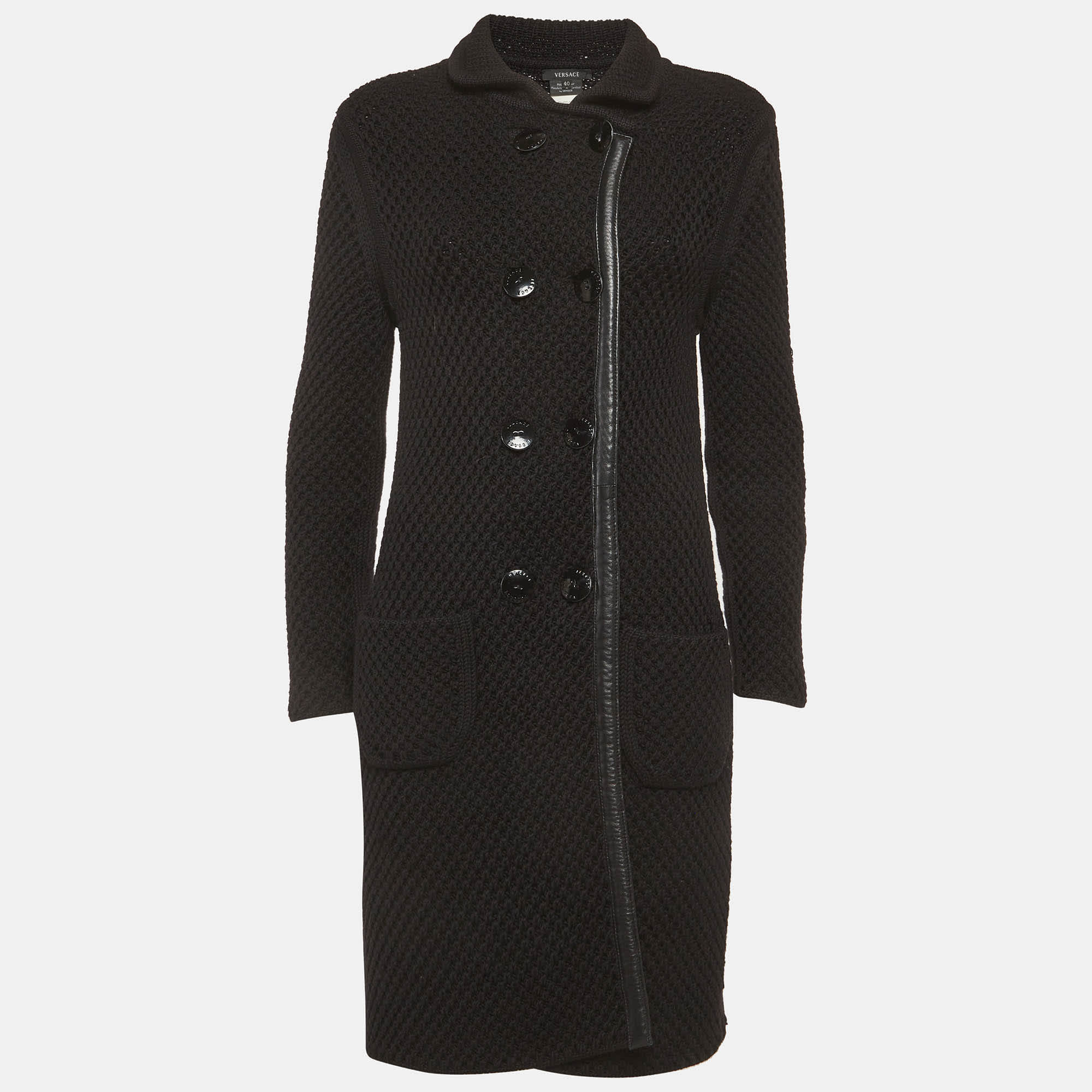 Versace Black Knit Double Breasted Coat