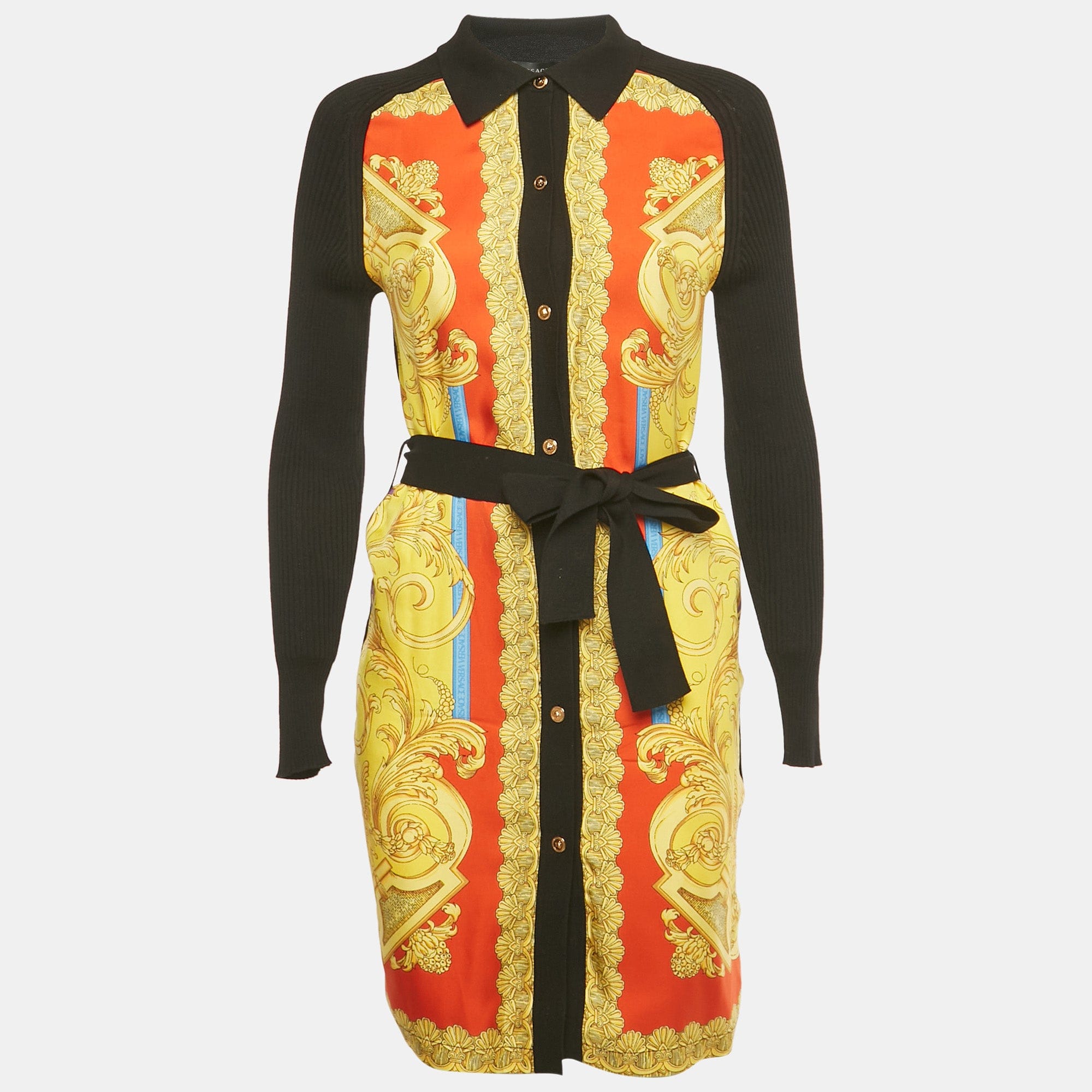 Versace Black/yellow Barocco Print Silk And Rib Knit Cardigan