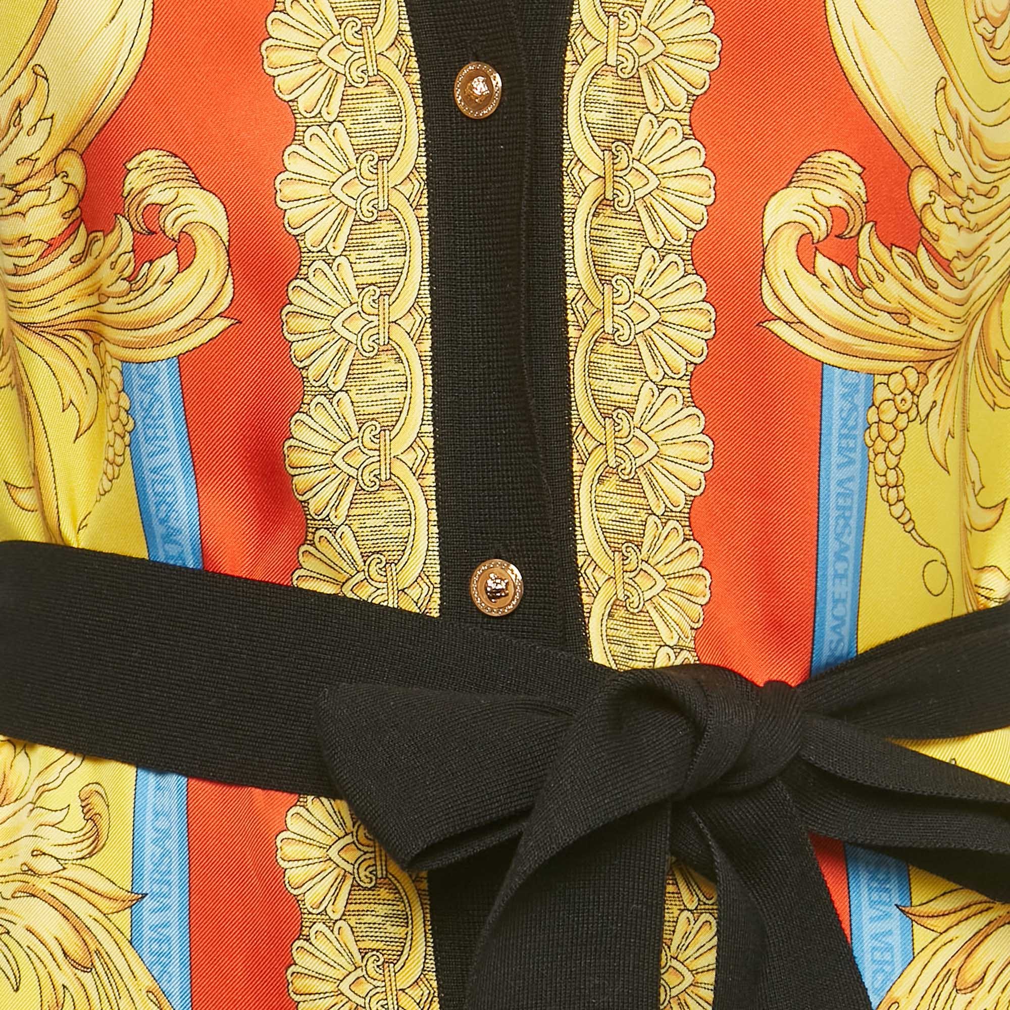 Versace Black/yellow Barocco Print Silk And Rib Knit Cardigan