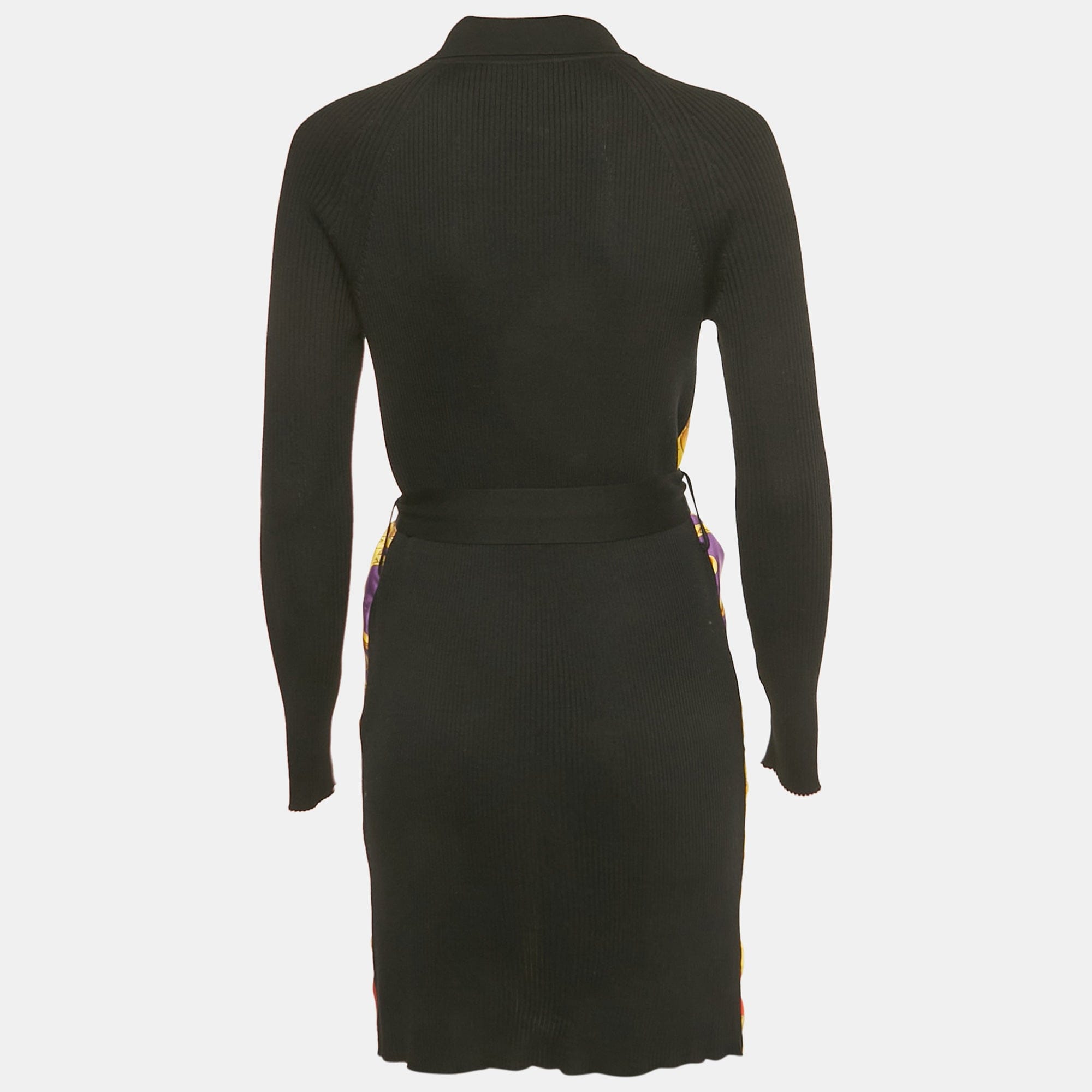 Versace Black/yellow Barocco Print Silk And Rib Knit Cardigan
