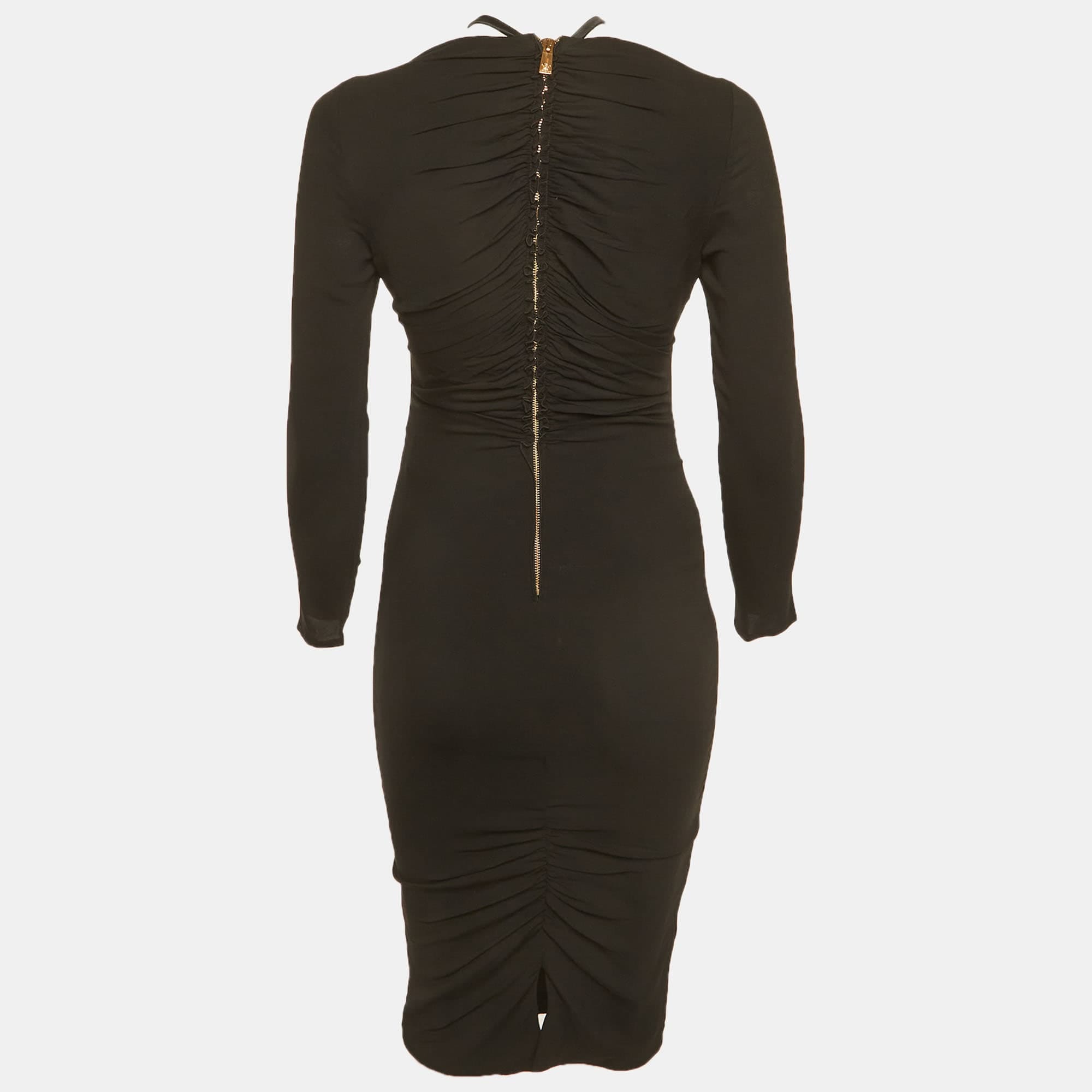 Versace Black Crepe Medusa Detail Ruche Midi Dress
