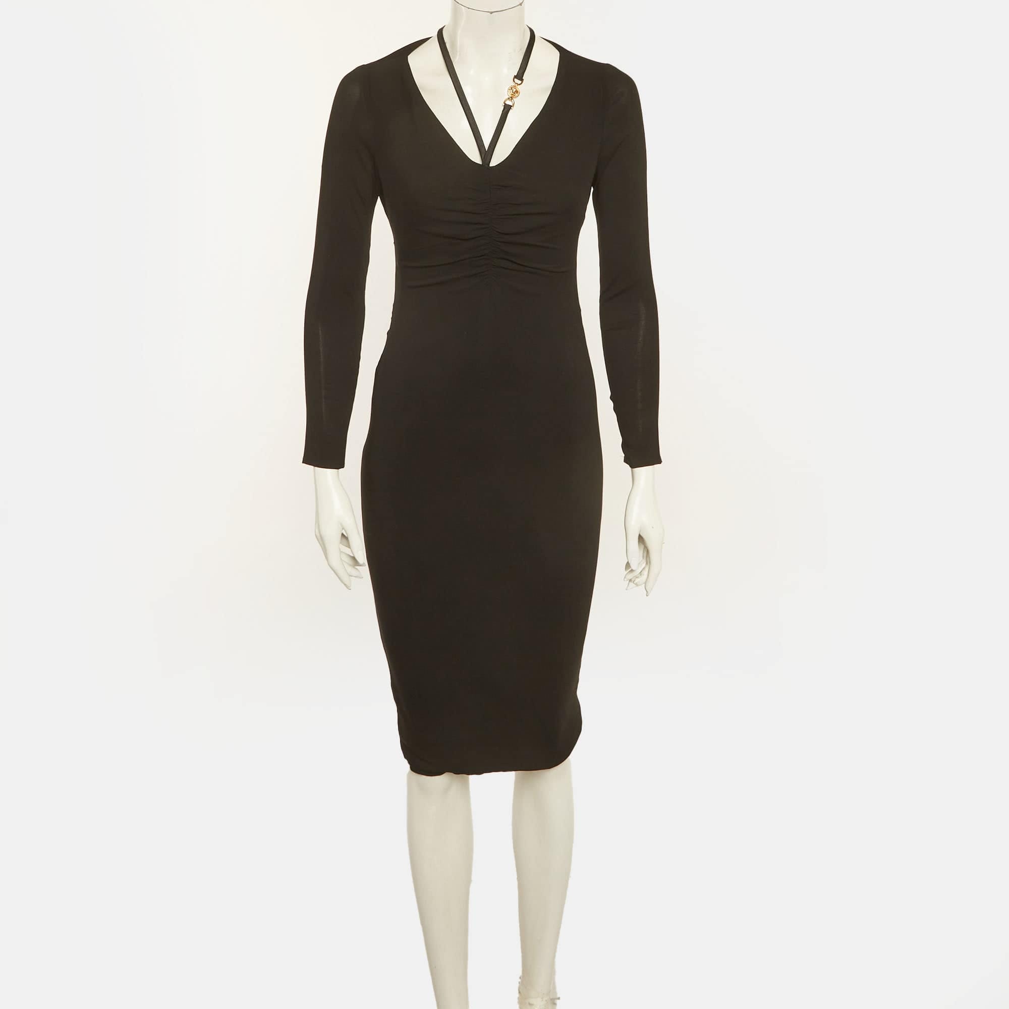 Versace Black Crepe Medusa Detail Ruche Midi Dress