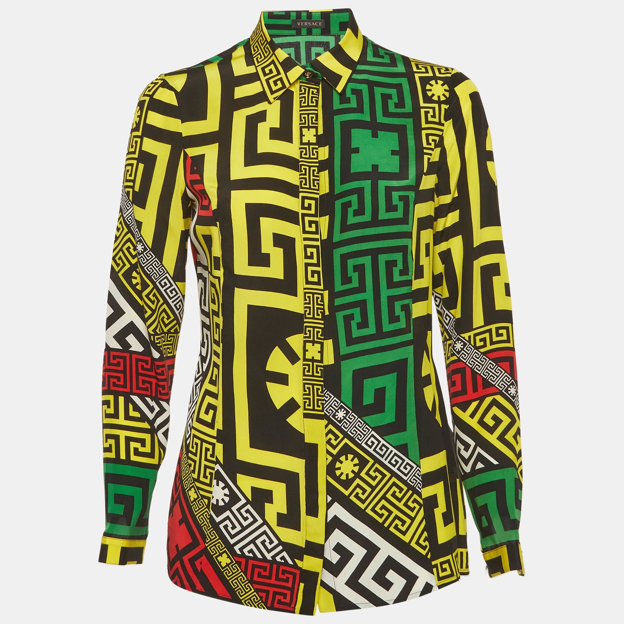 Versace Multicolour Geometric Greek Print Silk Long Sleeve Shirt