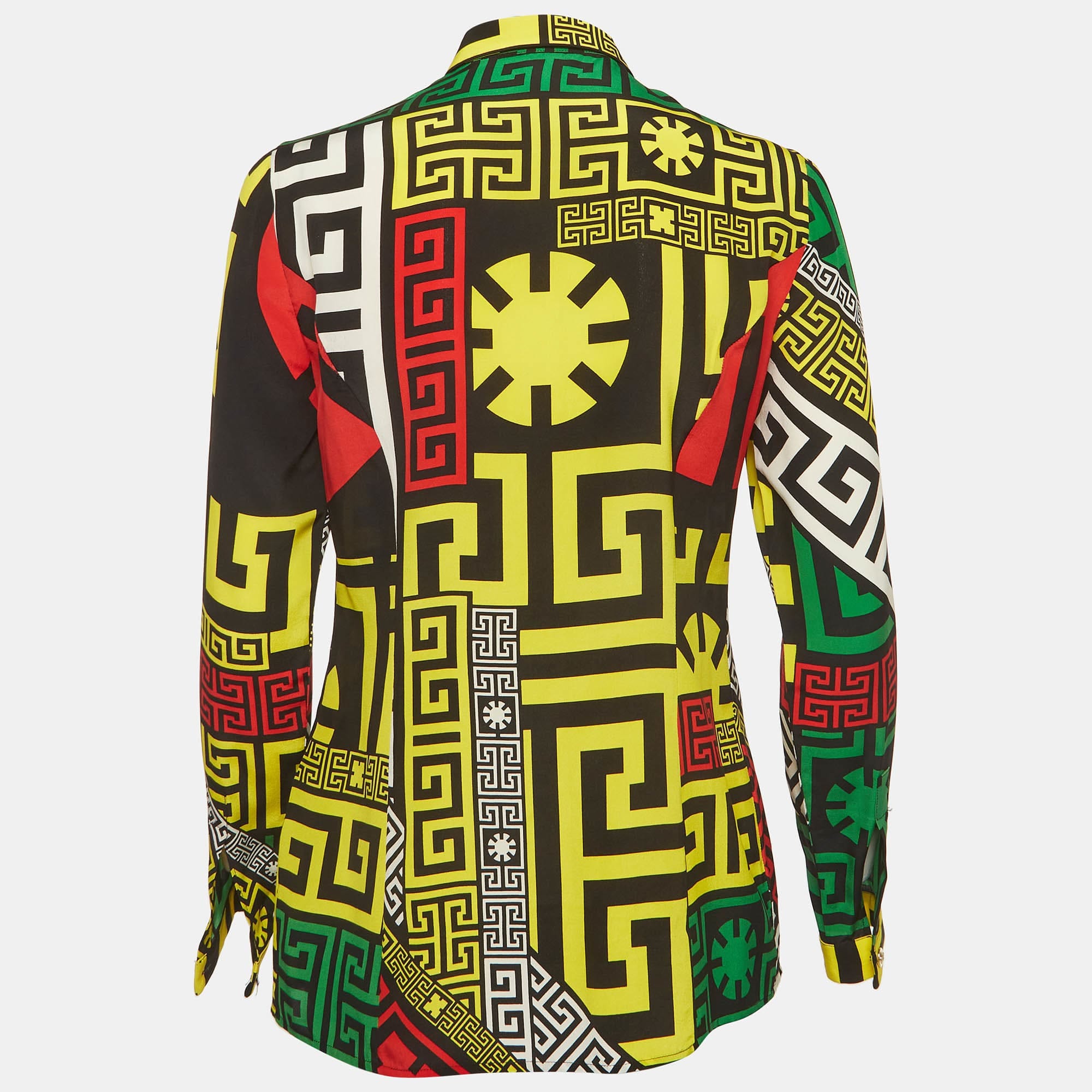Versace Multicolour Geometric Greek Print Silk Long Sleeve Shirt