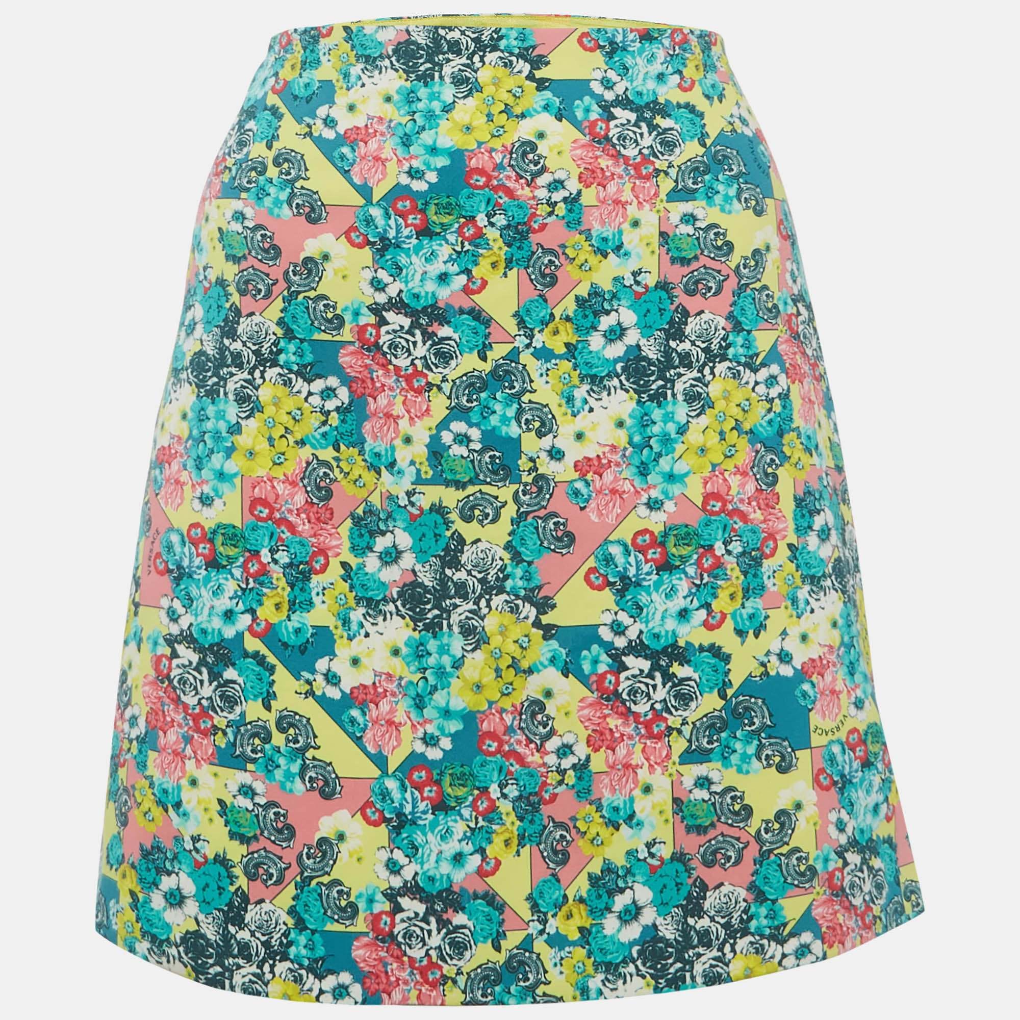 Versace Blue/yellow Printed Cotton Mini Skirt