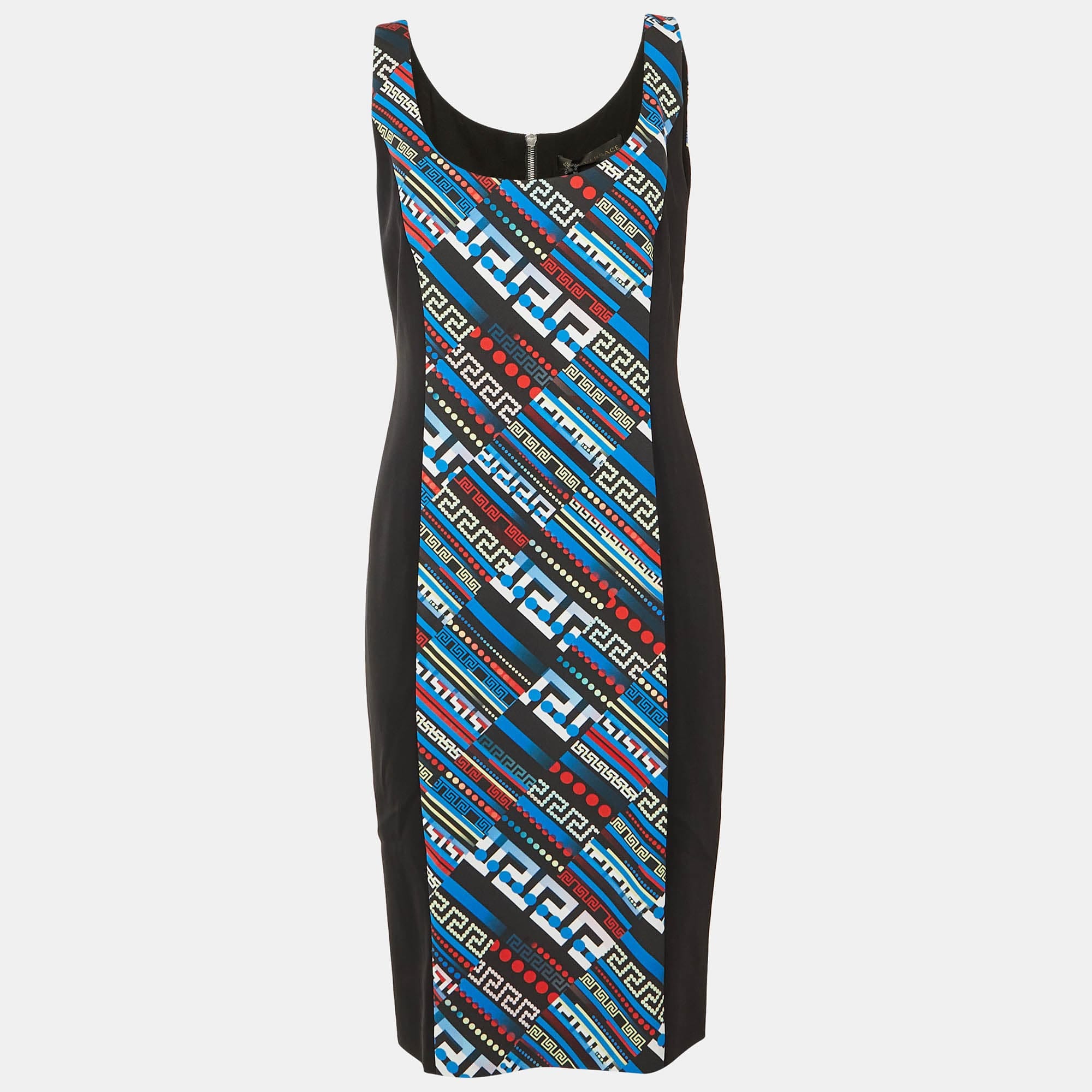 Versace Black & Printed Crepe Sleeveless Sheath Dress