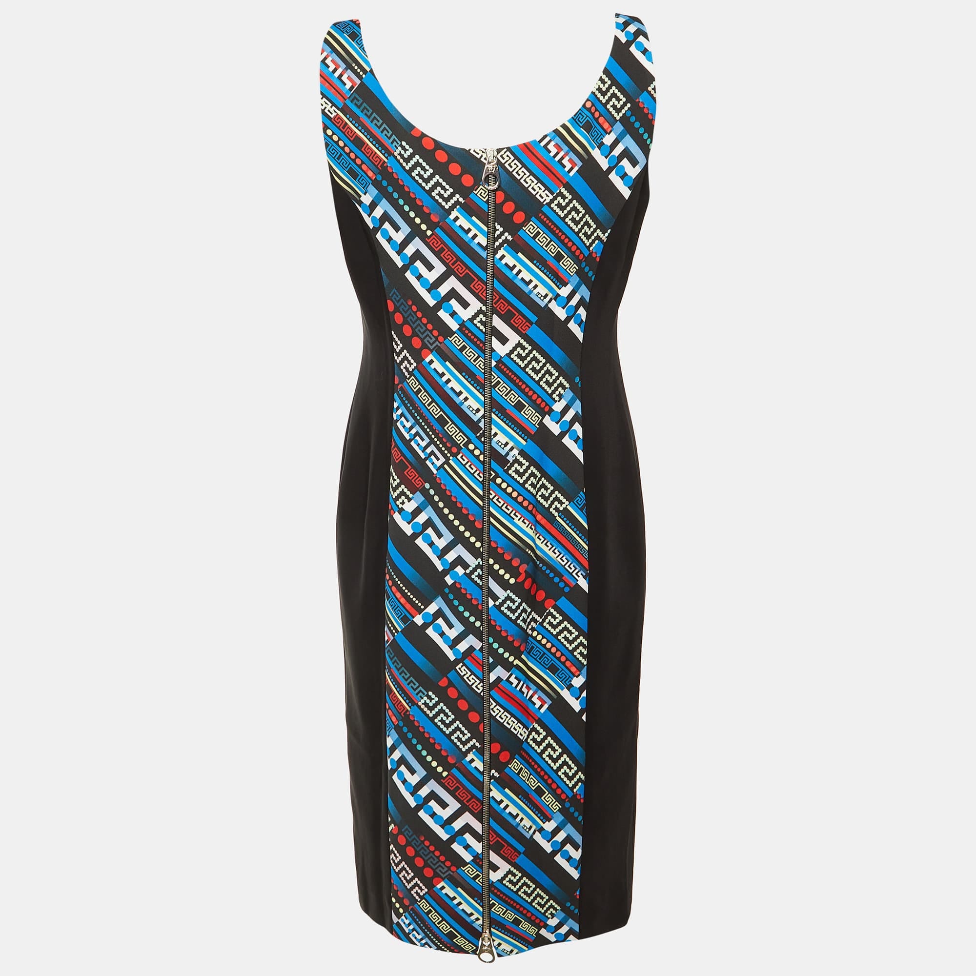 Versace Black & Printed Crepe Sleeveless Sheath Dress
