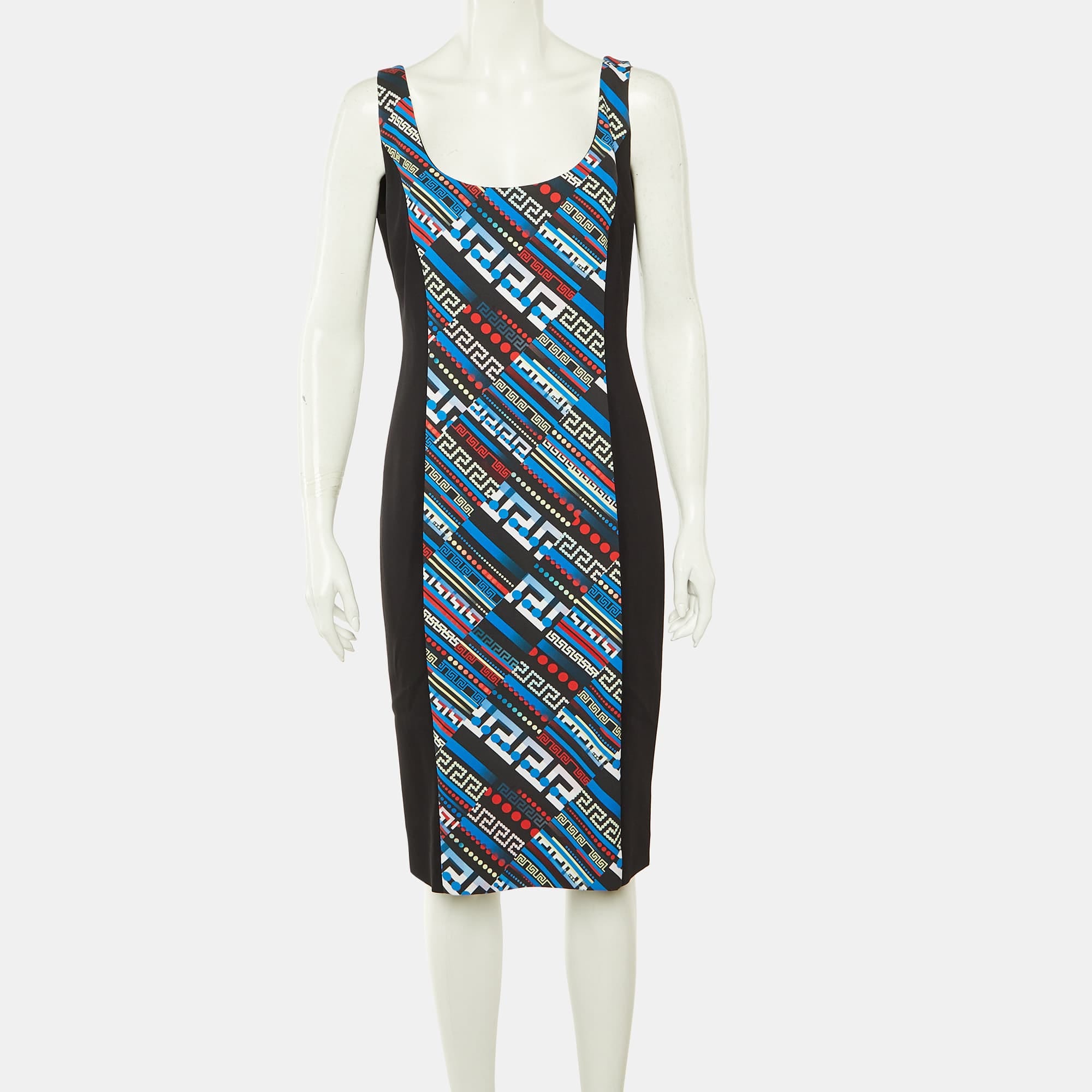 Versace Black & Printed Crepe Sleeveless Sheath Dress