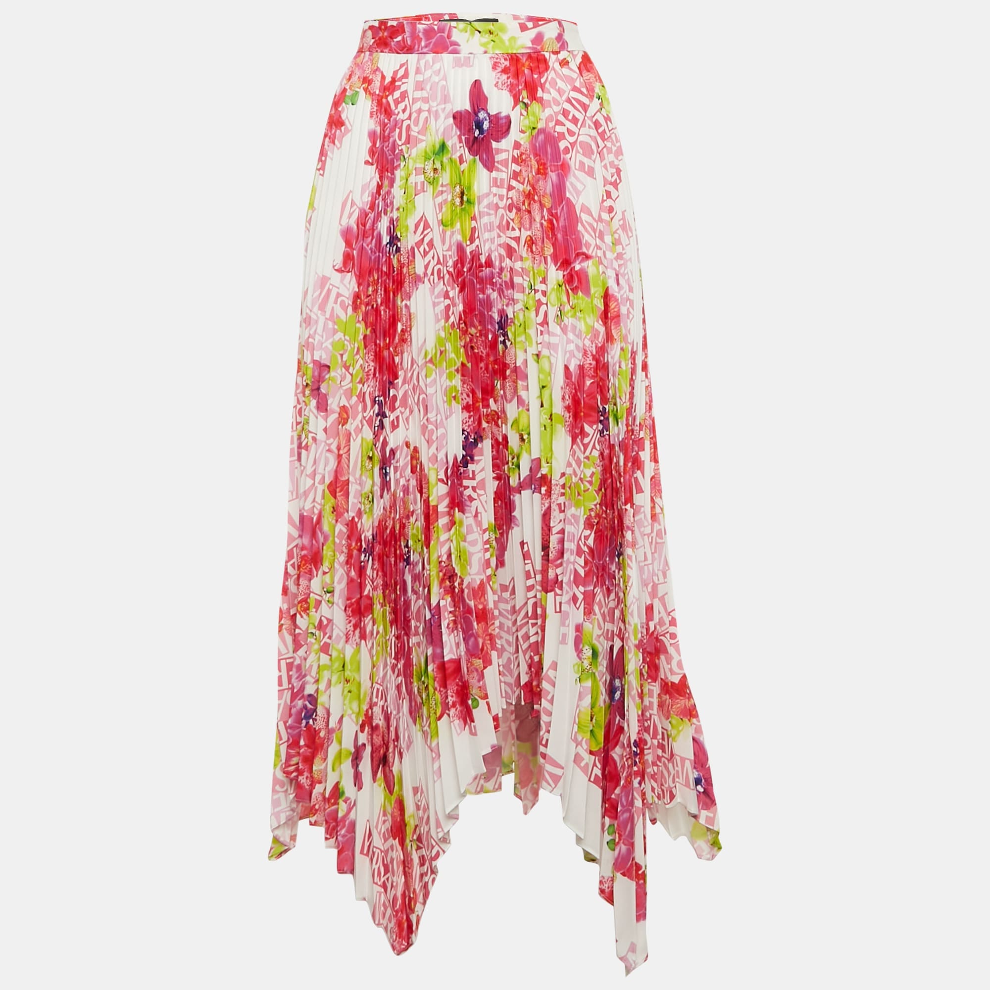 Versace Multicolor Floral Print Satin Pleated Asymmetric Midi Skirt