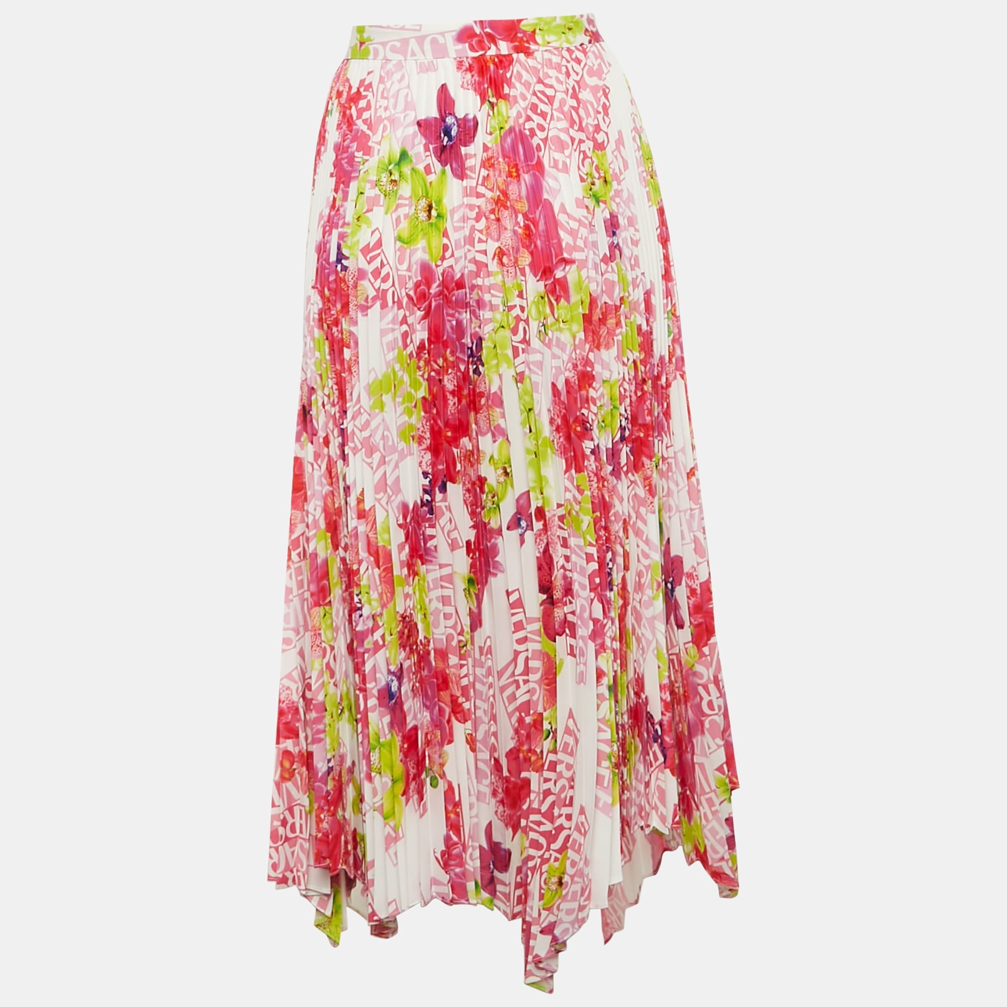 Versace Multicolor Floral Print Satin Pleated Asymmetric Midi Skirt