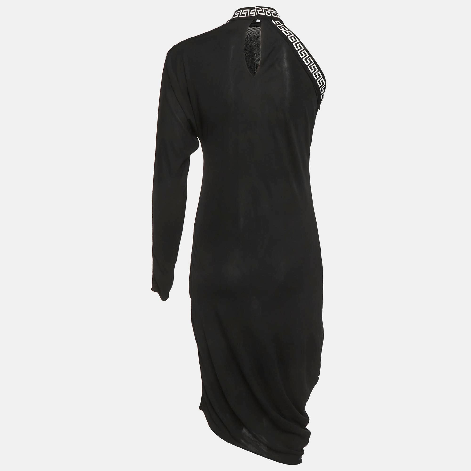 Versace Black Logo Band Jersey One Shoulder Midi Dress