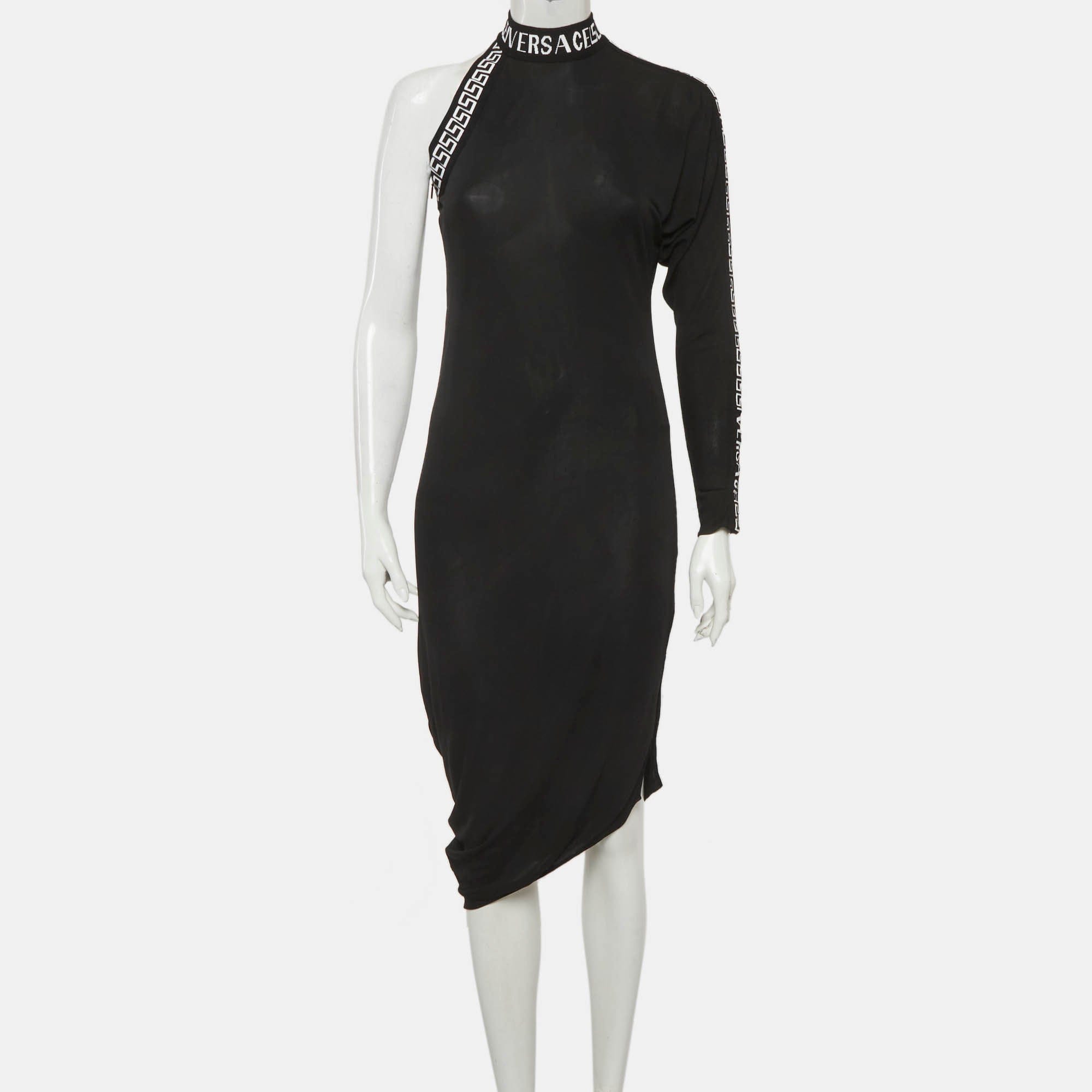 Versace Black Logo Band Jersey One Shoulder Midi Dress