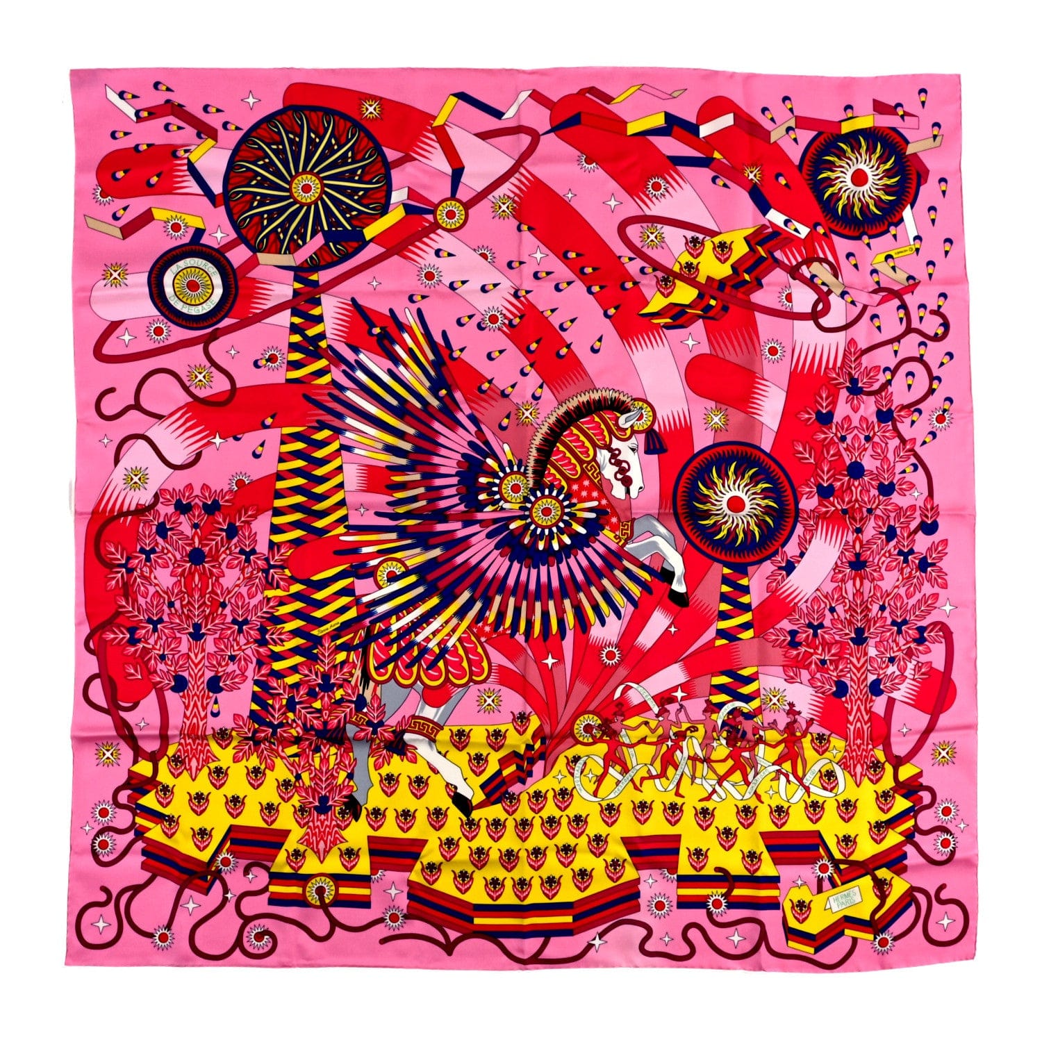 Hermes Silk La Source De Pegase Scarf 90 Rose Jaune Vif Bleu Royal