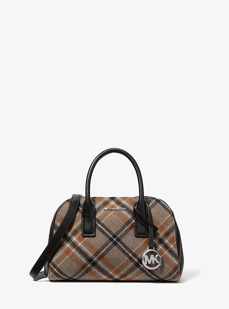 Michael Kors Ashton Small Plaid Print Wool Blend Messenger Bag Black
