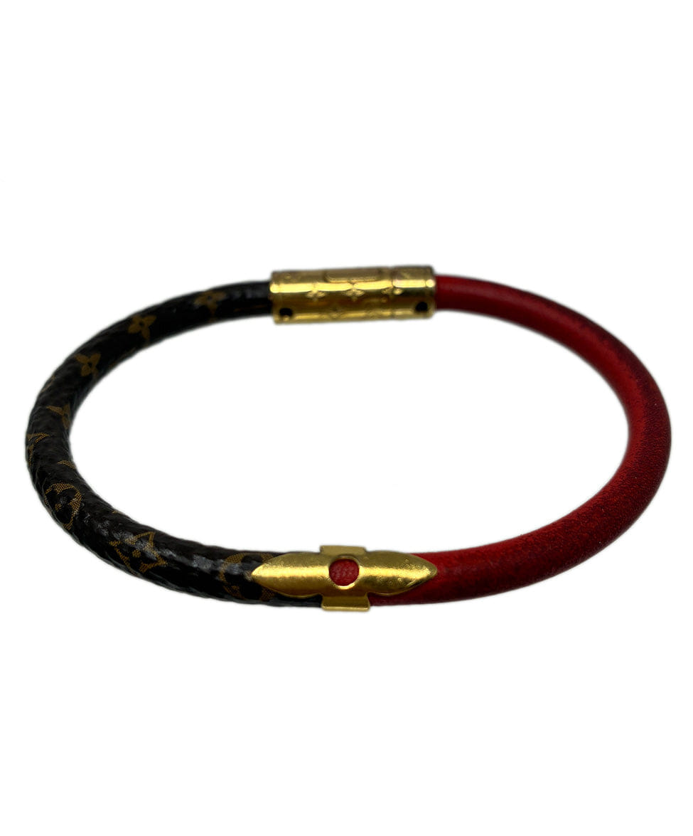 Louis Vuitton Brown Canvas Monogram Red Leather Bracelet