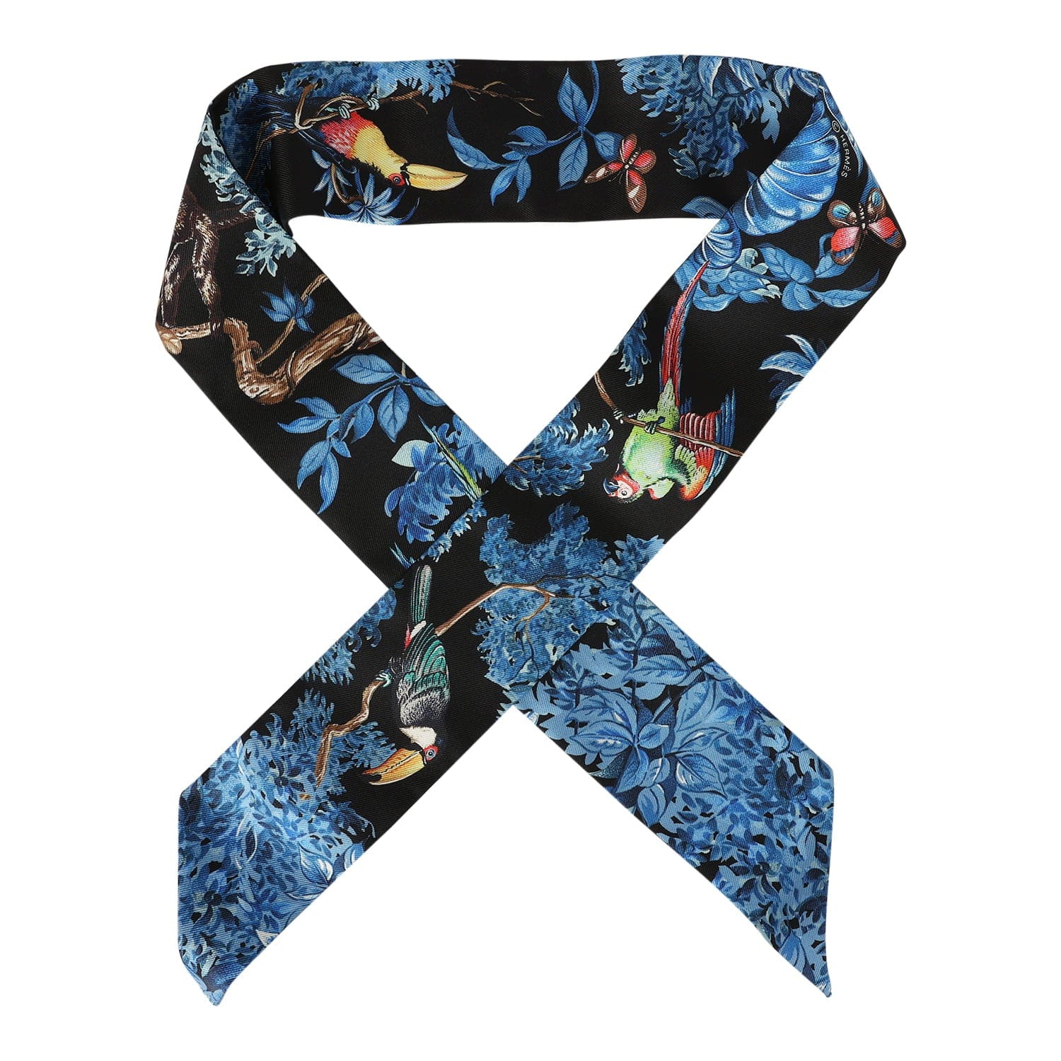 Hermes Equateur Black, Bleu Multi Silk Twilly Pair