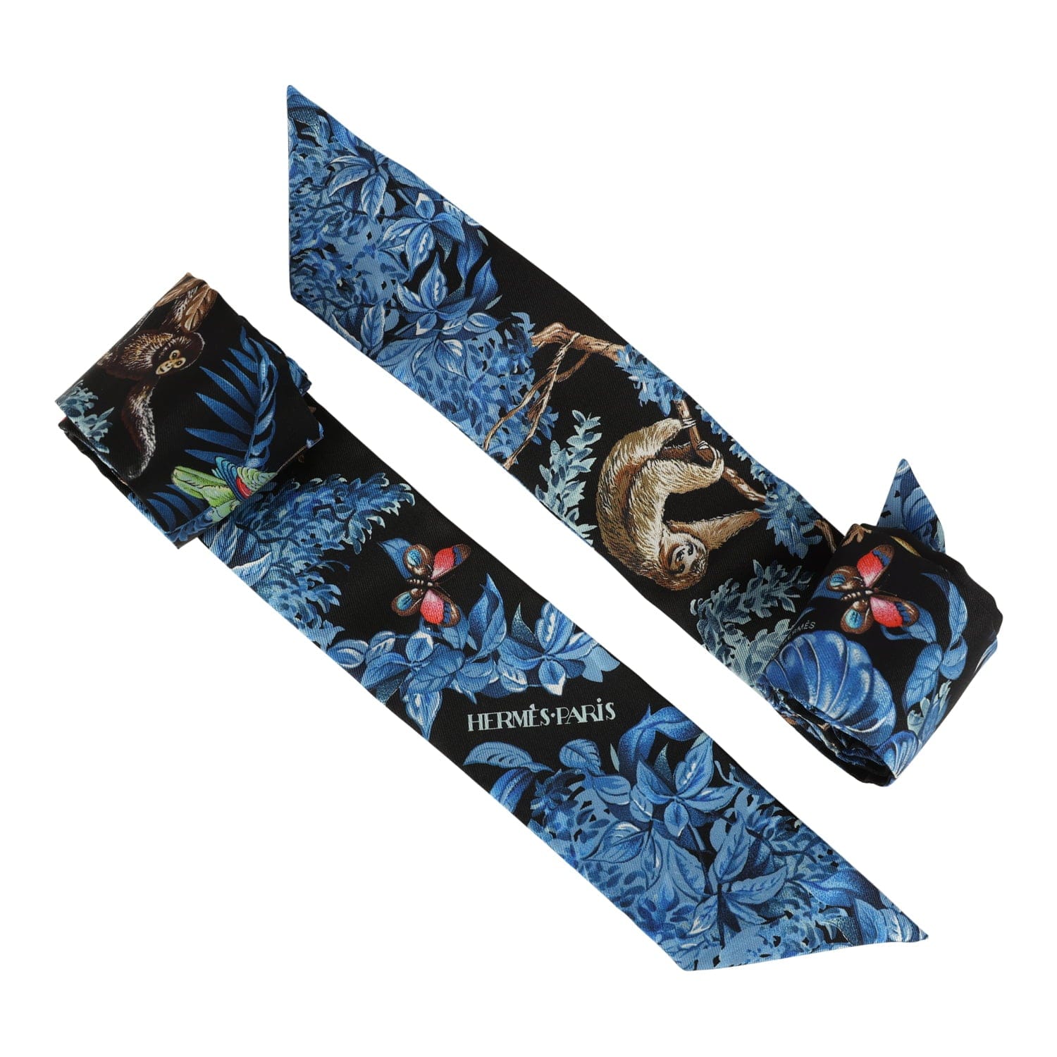 Hermes Equateur Black, Bleu Multi Silk Twilly Pair