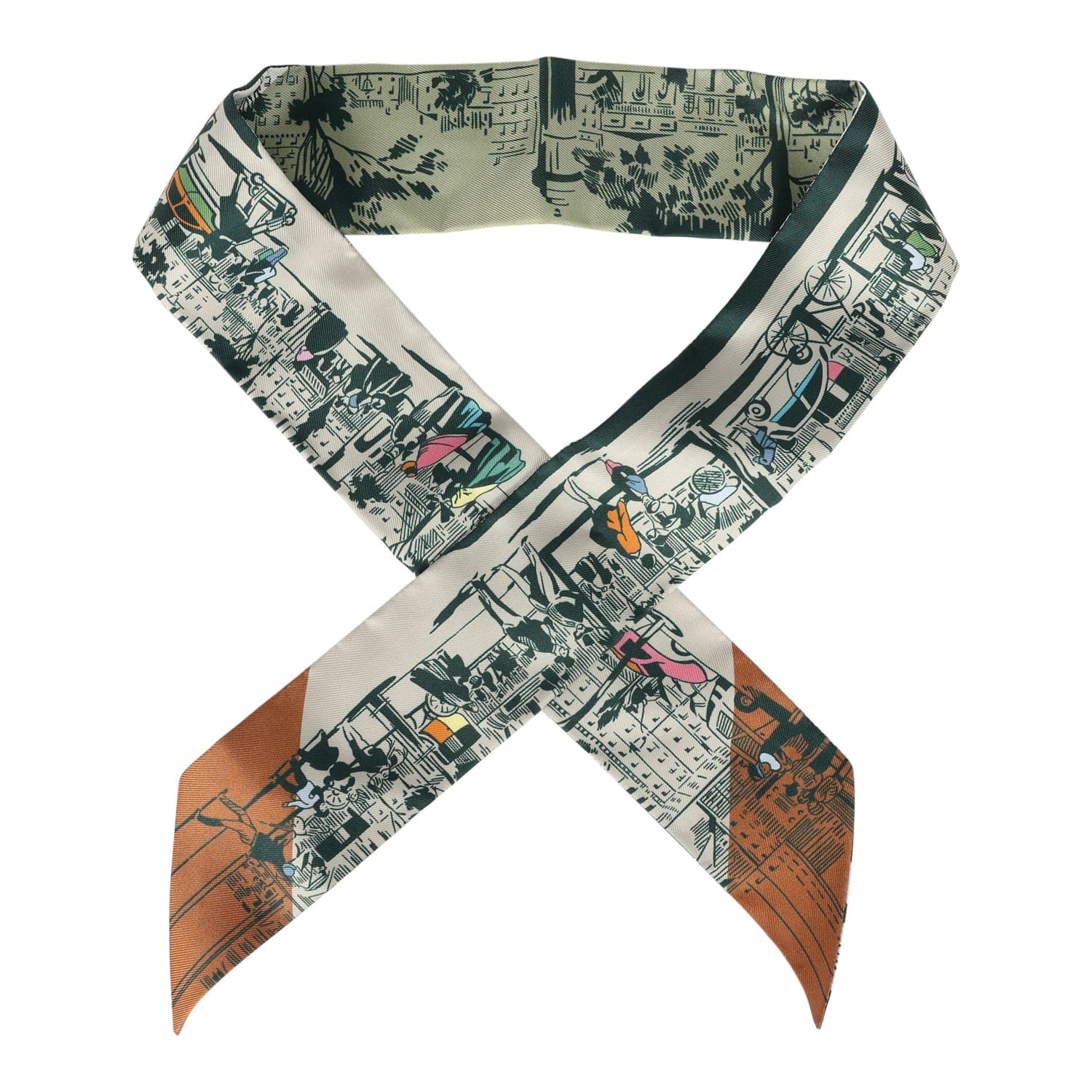 Hermes "A l'Ombre des Boulevards" Blanc, Vert, Gris Silk Twilly Pair