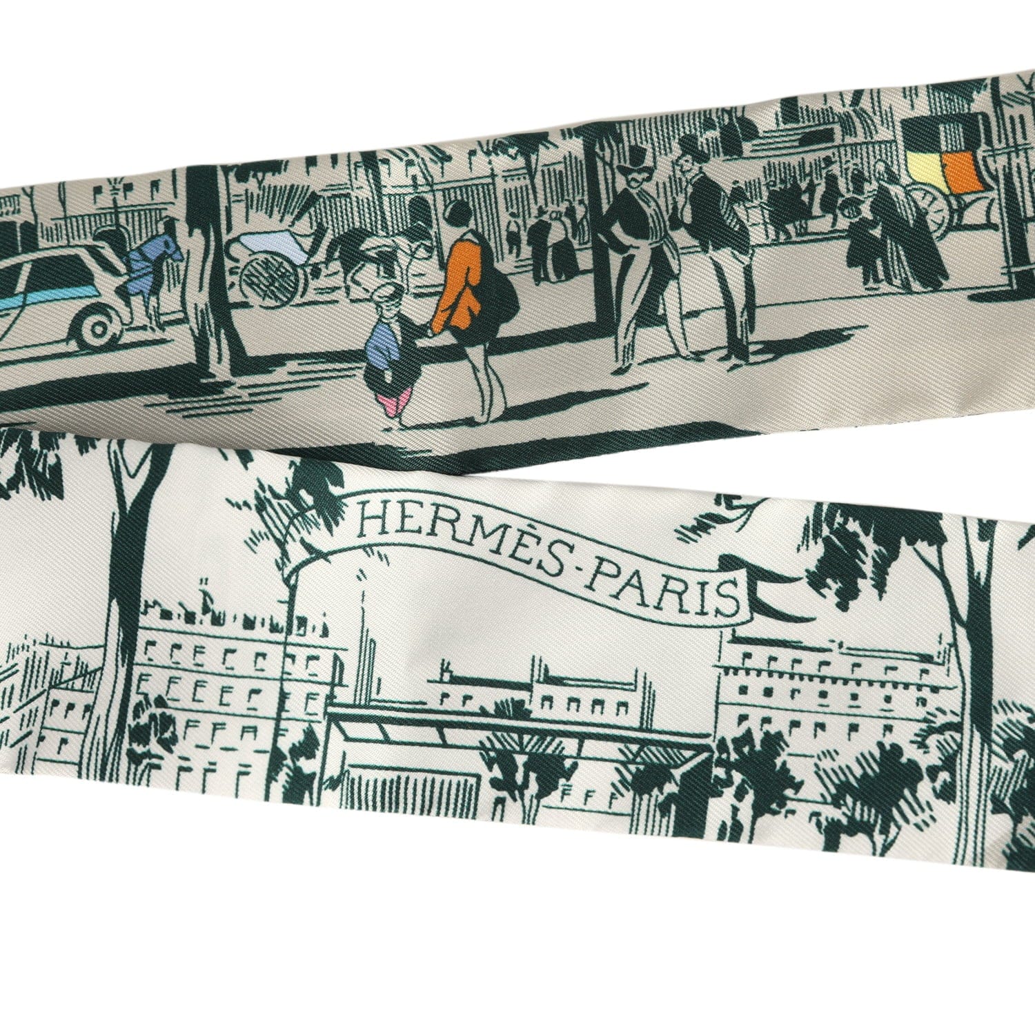 Hermes "A l'Ombre des Boulevards" Blanc, Vert, Gris Silk Twilly Pair