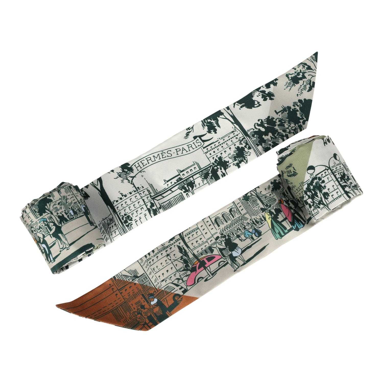 Hermes "A l'Ombre des Boulevards" Blanc, Vert, Gris Silk Twilly Pair
