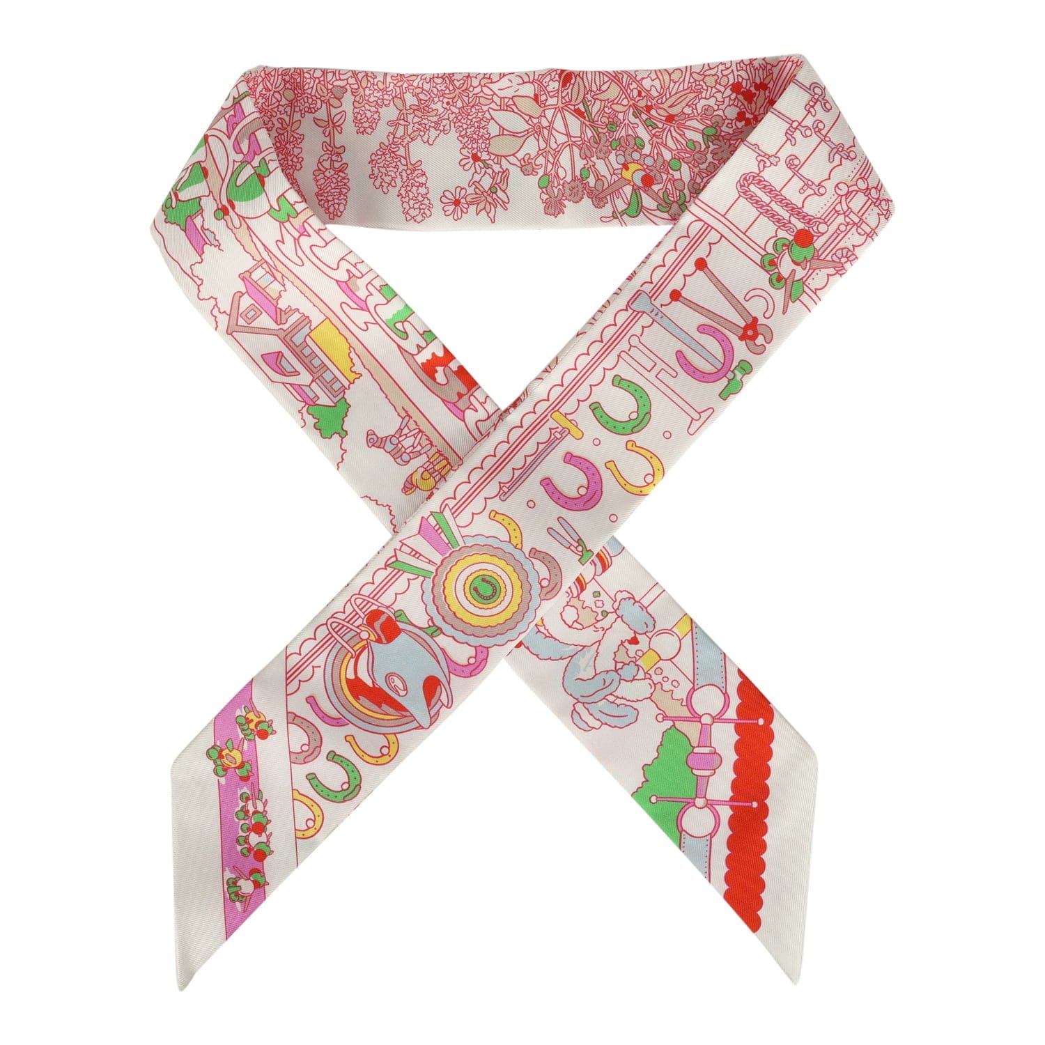Hermes Pony Pit Stop Blanc, Rose and Multi Silk Twilly Pair