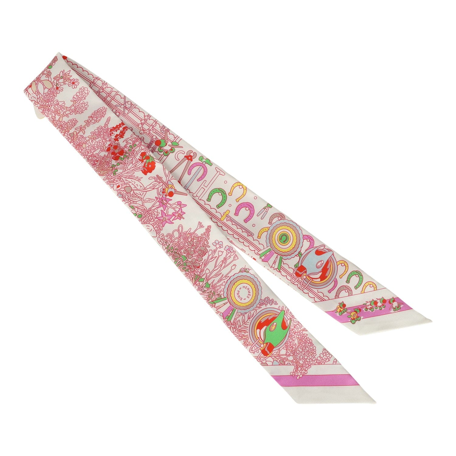 Hermes Pony Pit Stop Blanc, Rose and Multi Silk Twilly Pair