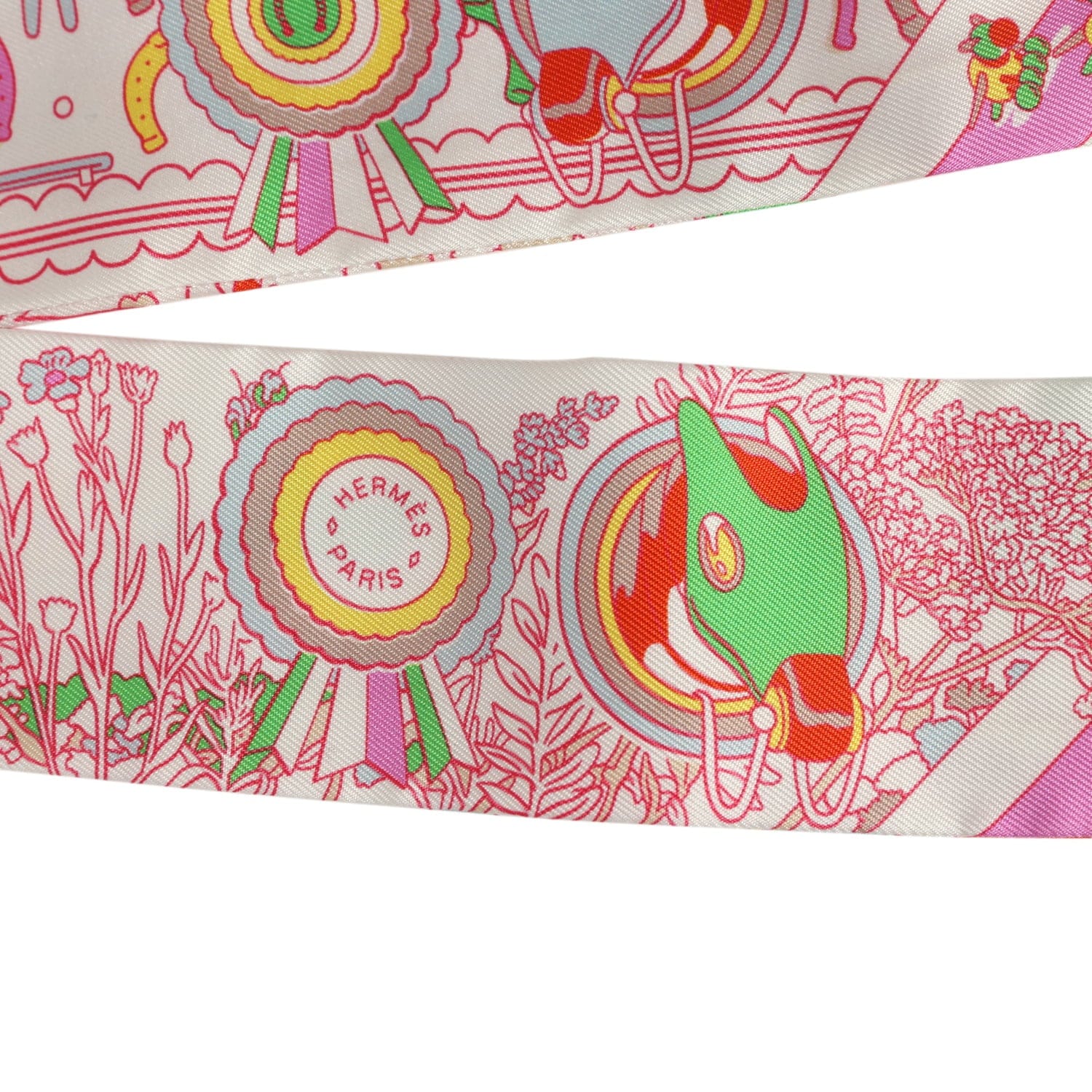 Hermes Pony Pit Stop Blanc, Rose and Multi Silk Twilly Pair