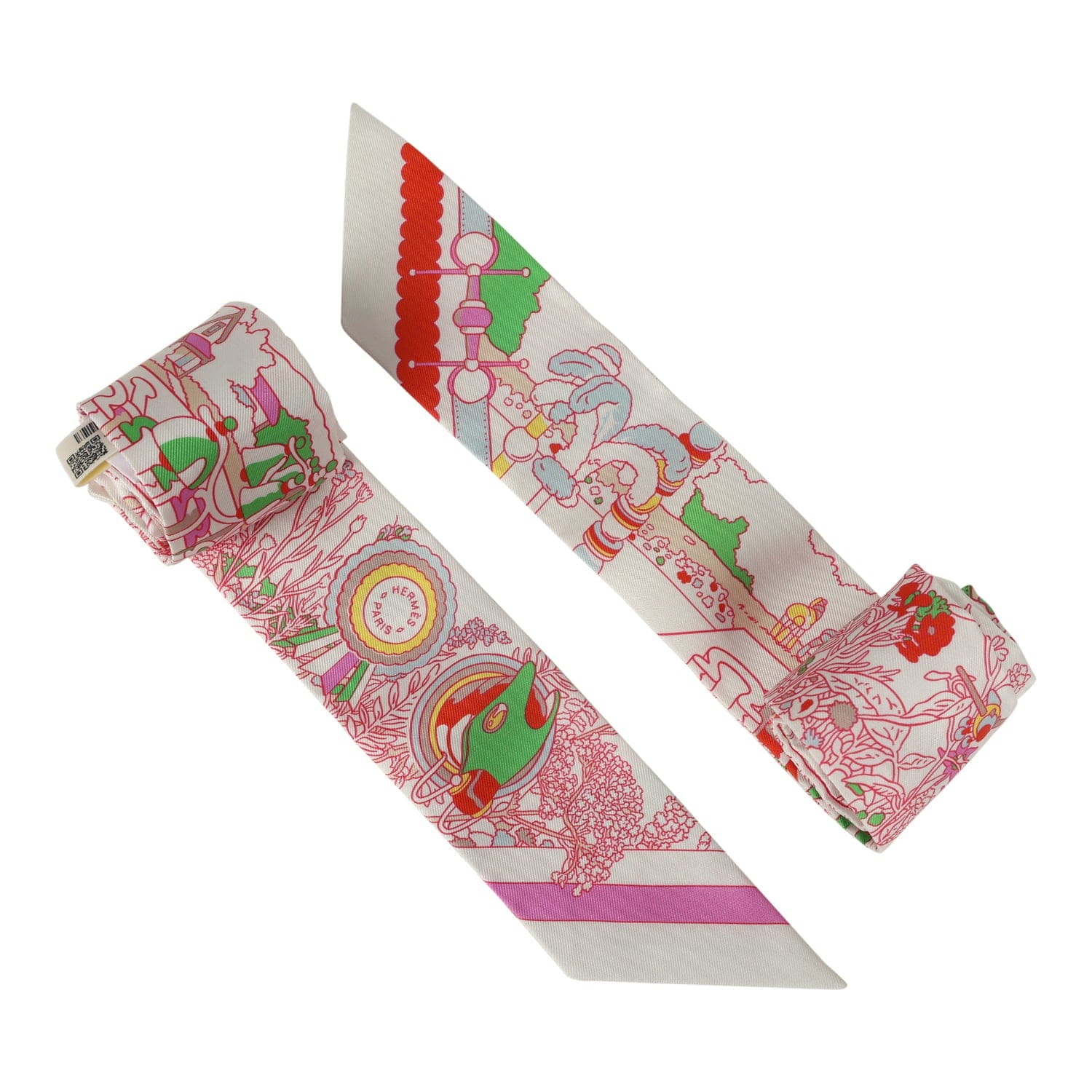 Hermes Pony Pit Stop Blanc, Rose and Multi Silk Twilly Pair