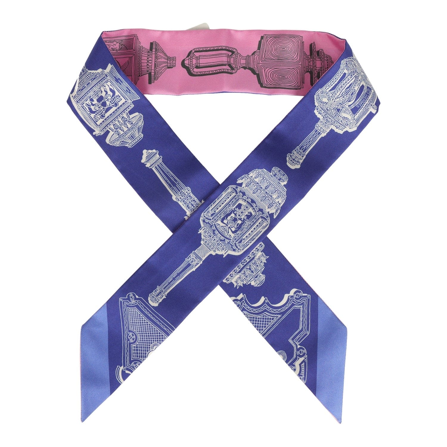Hermes Merveilleuses Lantern Rose Bon Bon, Indigo Multi Silk Twilly Pair