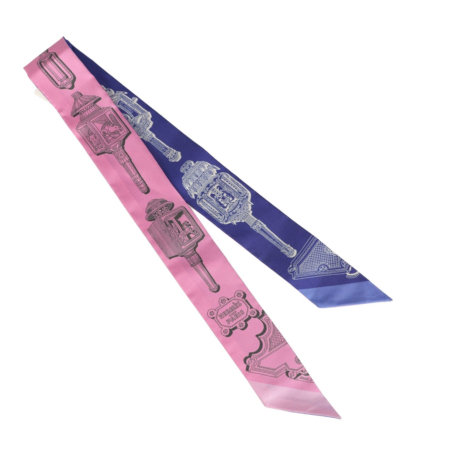 Hermes Merveilleuses Lantern Rose Bon Bon, Indigo Multi Silk Twilly Pair