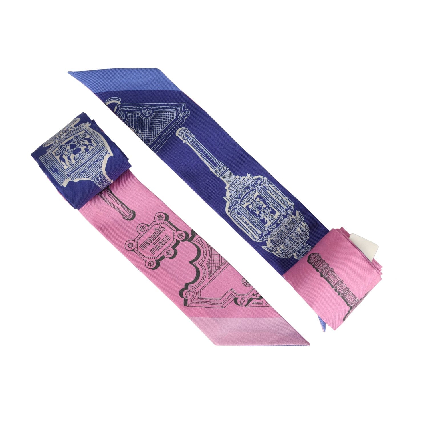 Hermes Merveilleuses Lantern Rose Bon Bon, Indigo Multi Silk Twilly Pair