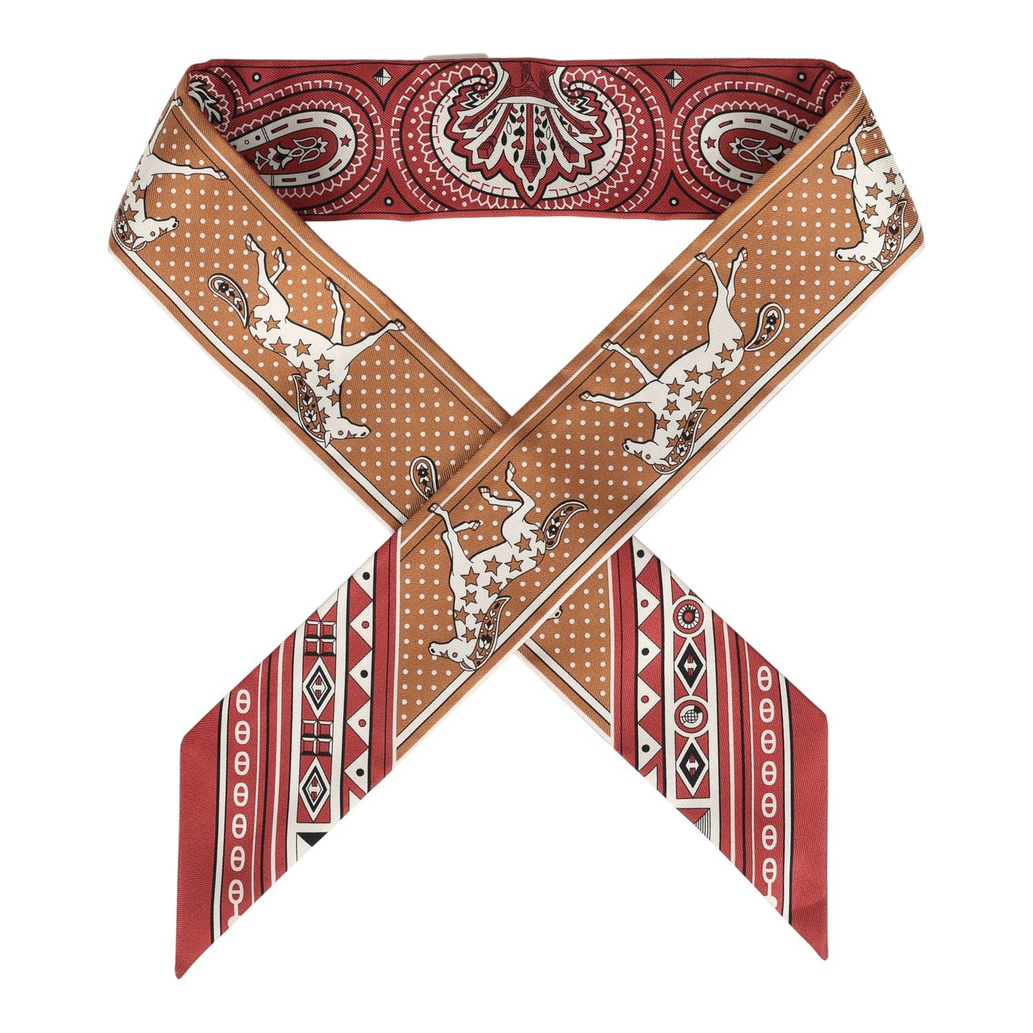 Hermes Cheval De Coeur Bandana Caramel, Terre De Sienne and Blanc Multi Silk Twilly Pair