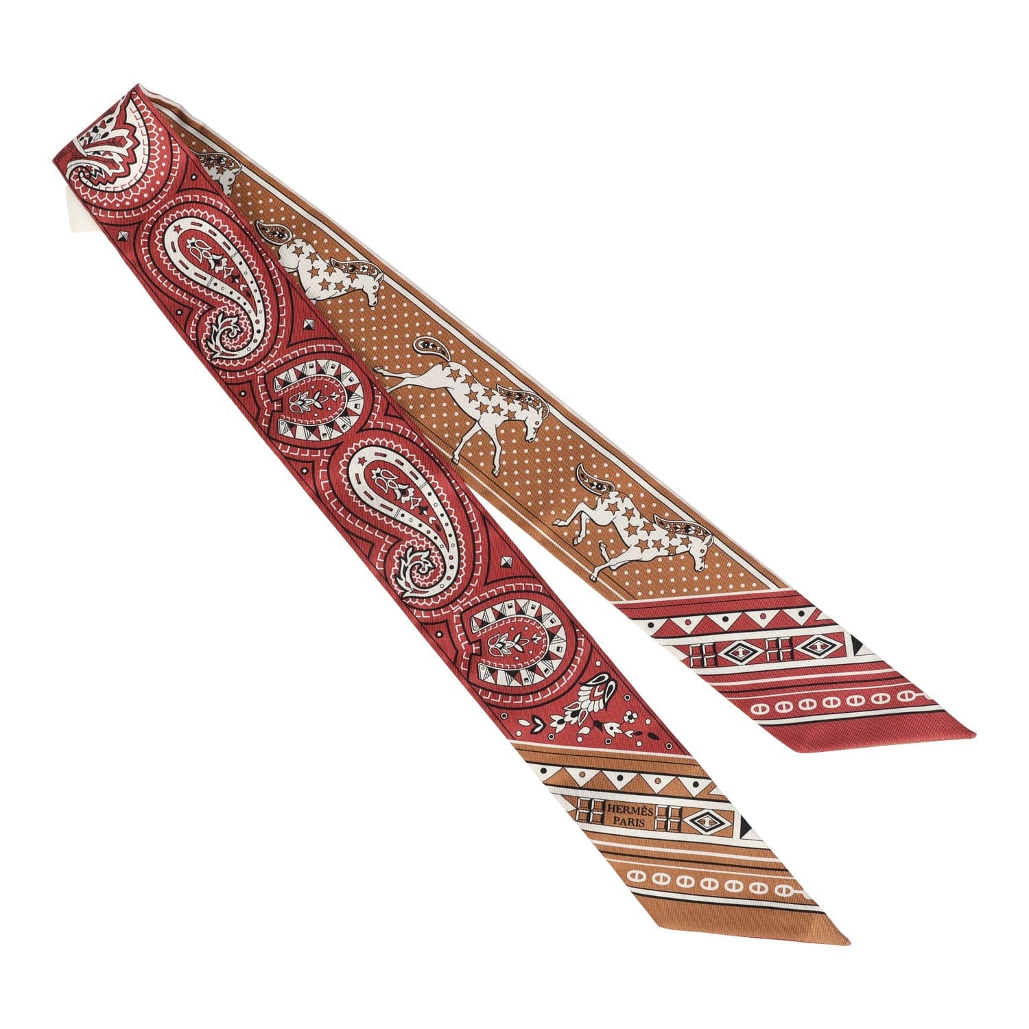 Hermes Cheval De Coeur Bandana Caramel, Terre De Sienne and Blanc Multi Silk Twilly Pair