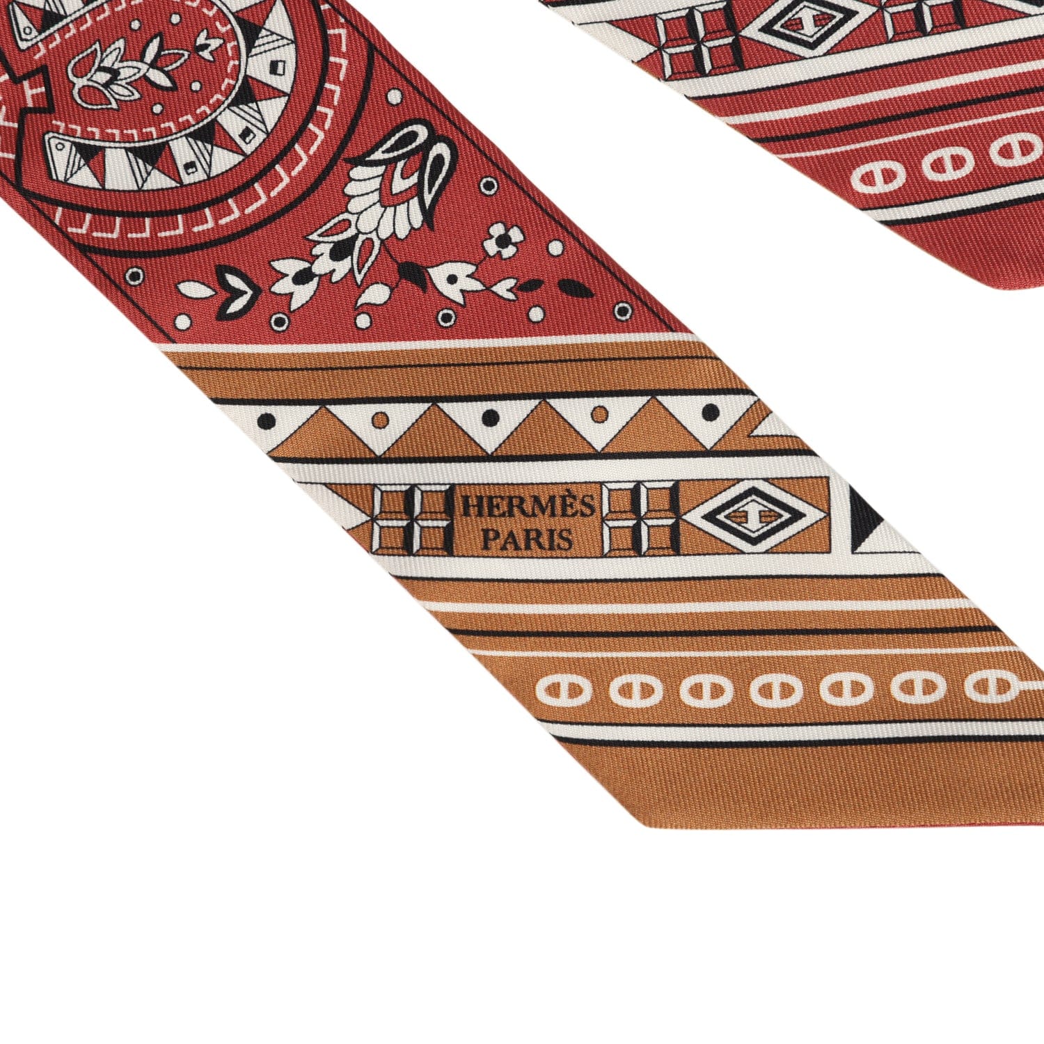 Hermes Cheval De Coeur Bandana Caramel, Terre De Sienne and Blanc Multi Silk Twilly Pair