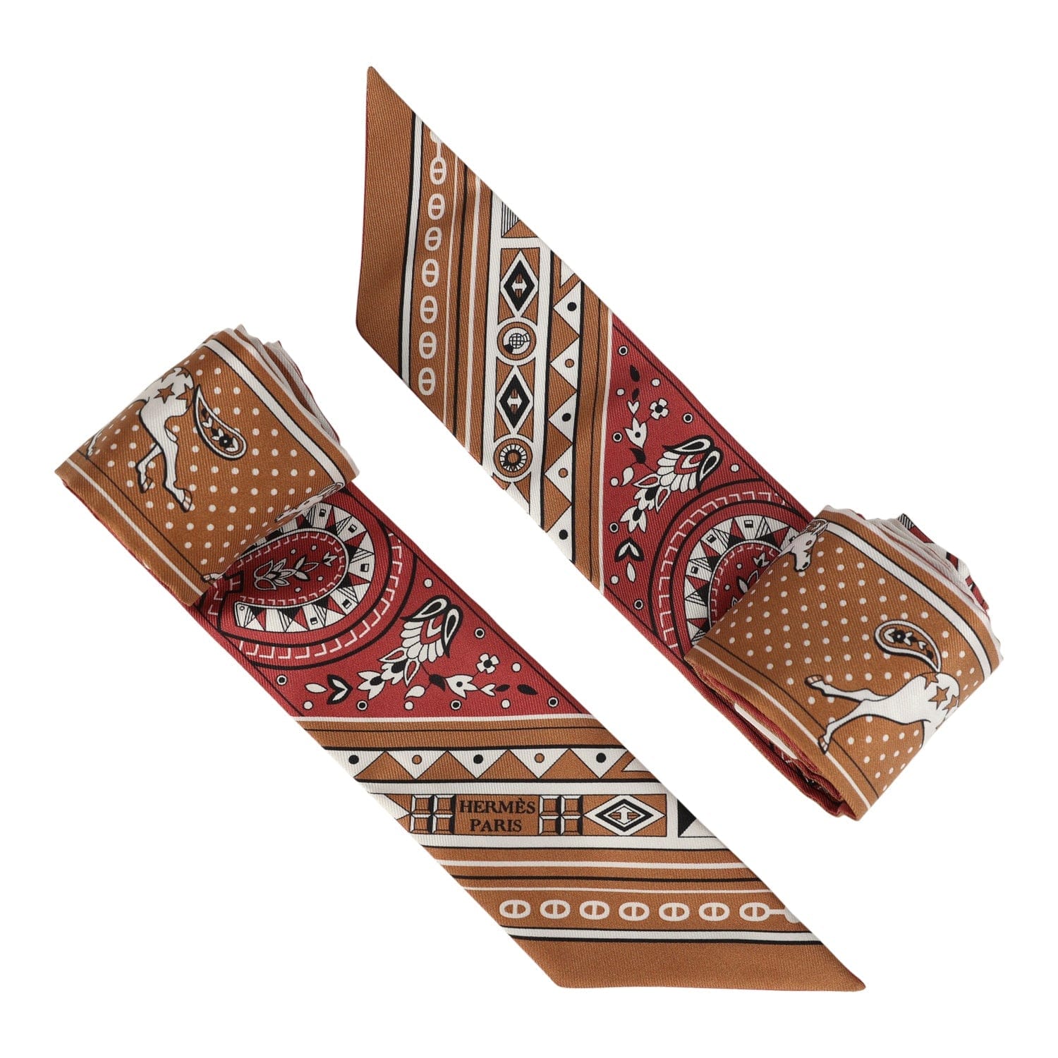 Hermes Cheval De Coeur Bandana Caramel, Terre De Sienne and Blanc Multi Silk Twilly Pair