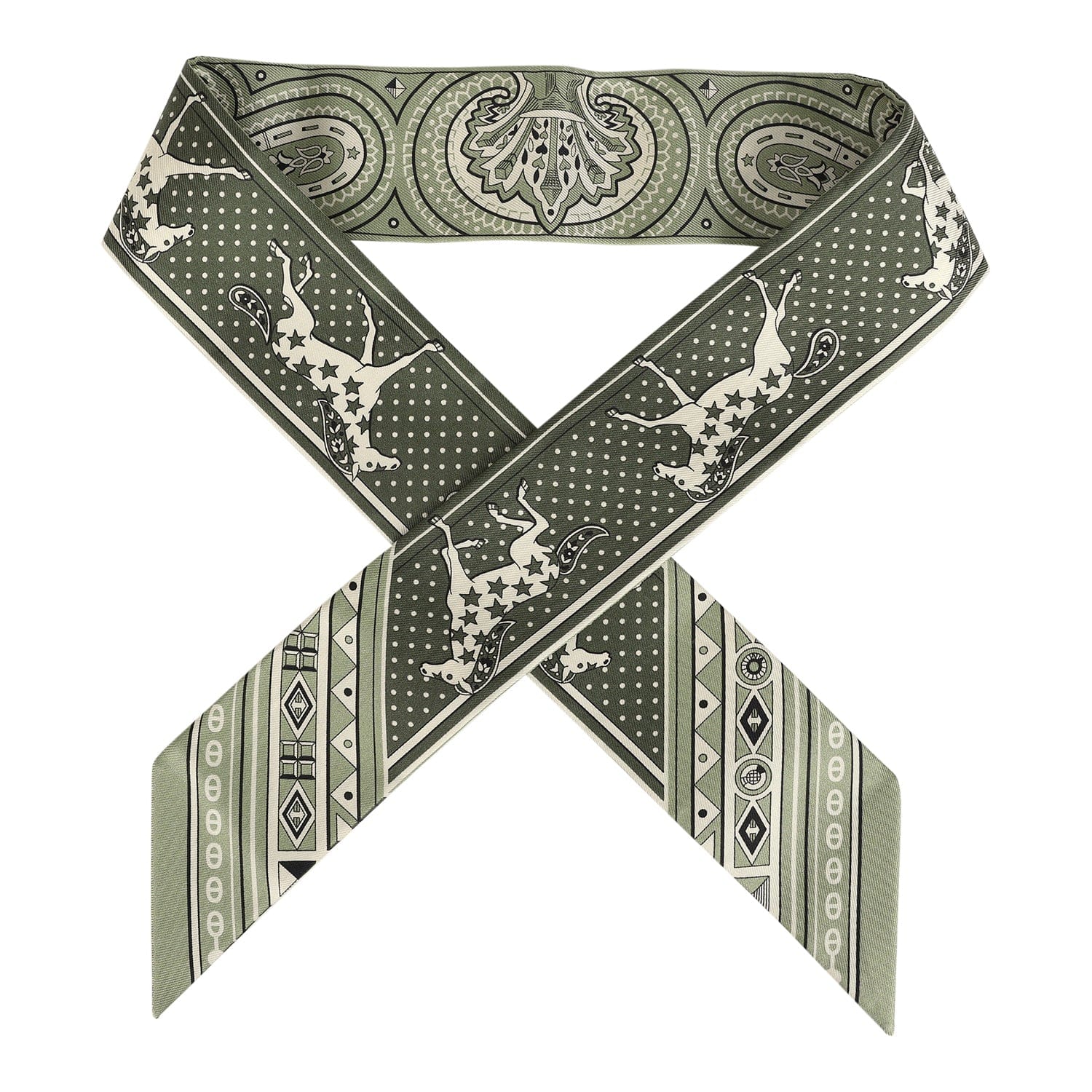 Hermes Cheval De Coeur Bandana Loden, Kaki and Creme Multi Silk Twilly Pair