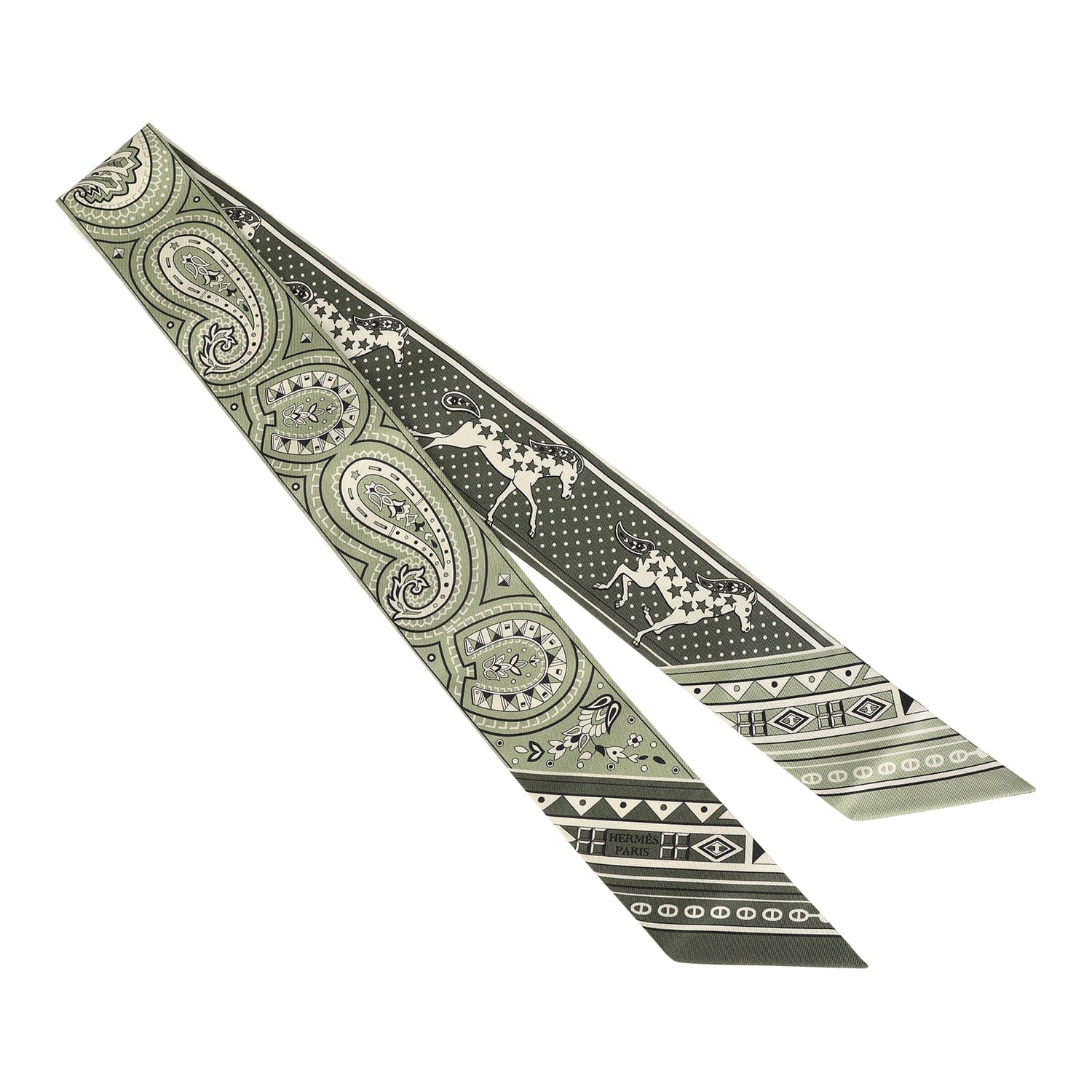 Hermes Cheval De Coeur Bandana Loden, Kaki and Creme Multi Silk Twilly Pair